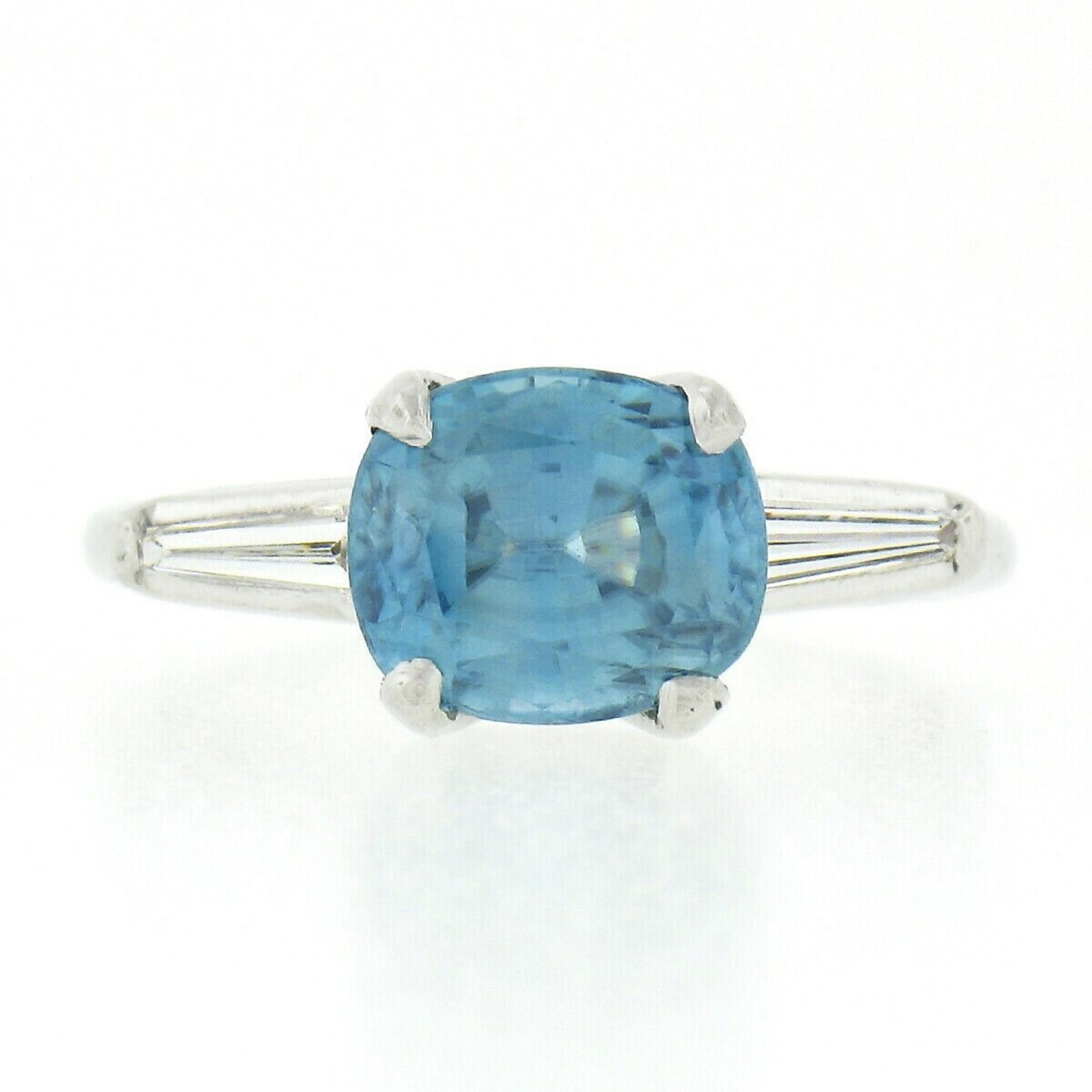 Art Deco Vintage Platinum Ovaly Cushion Blue Zircon & Diamond Three Stone Engagement Ring
