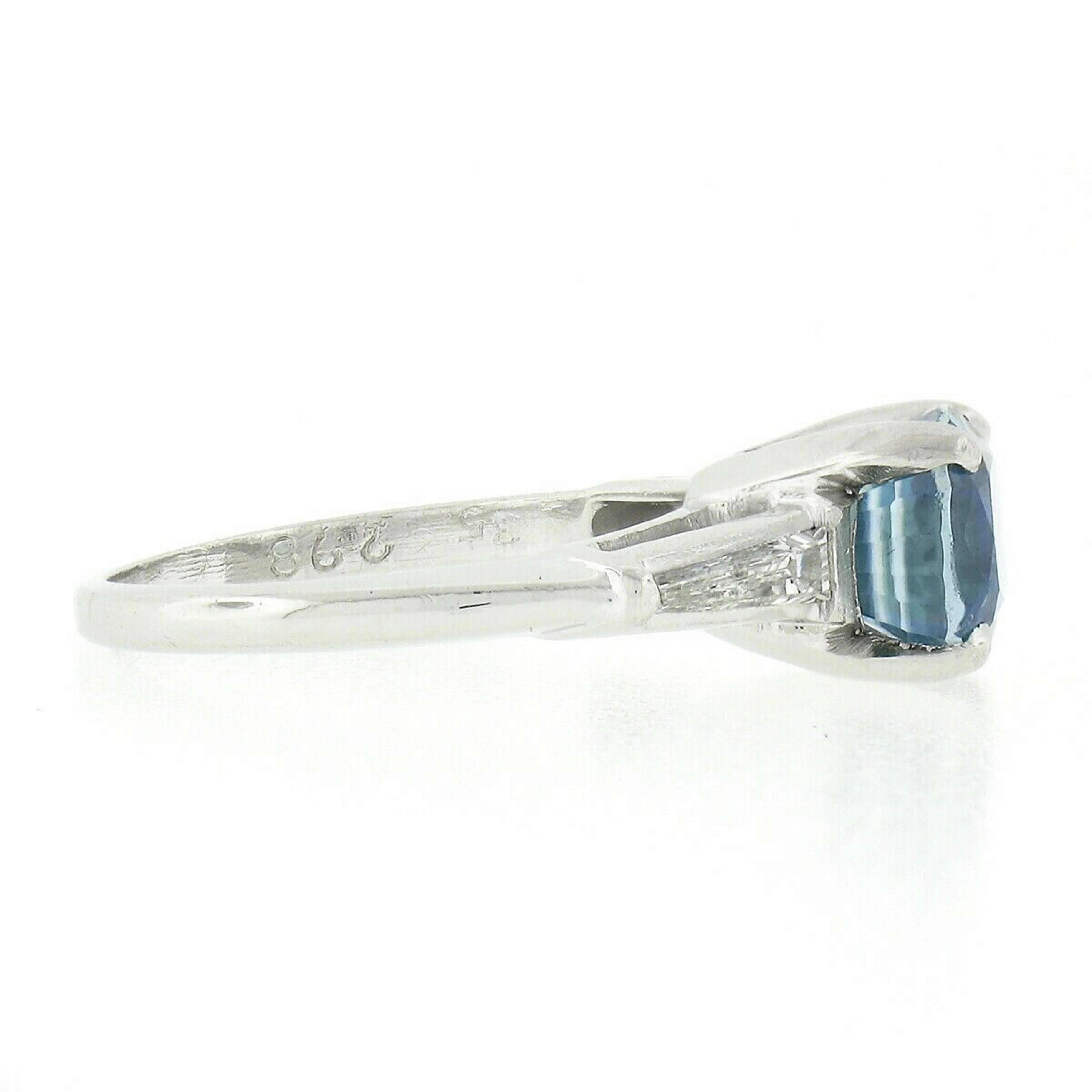 Cushion Cut Vintage Platinum Ovaly Cushion Blue Zircon & Diamond Three Stone Engagement Ring