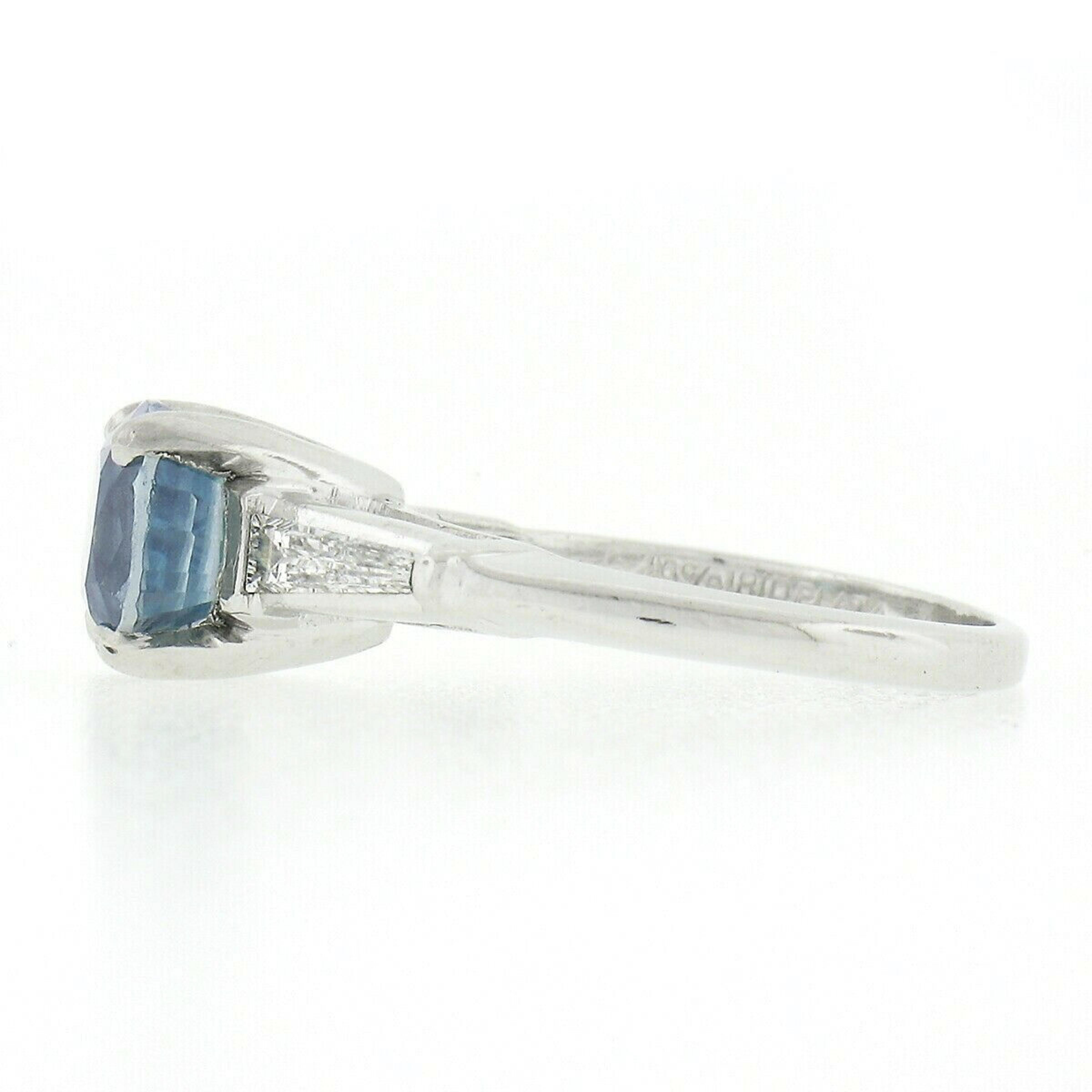 Vintage Platinum Ovaly Cushion Blue Zircon & Diamond Three Stone Engagement Ring In Good Condition In Montclair, NJ