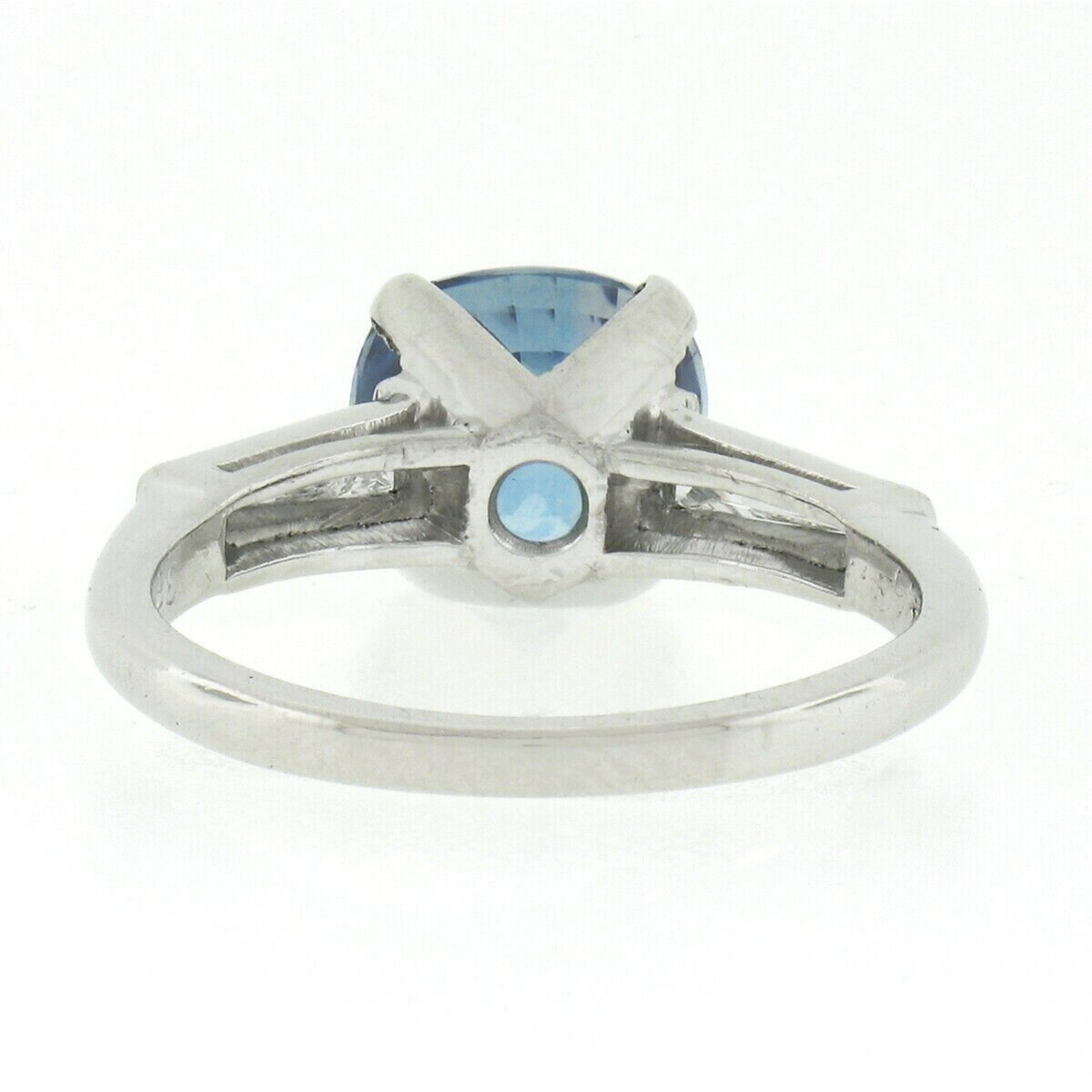 Women's Vintage Platinum Ovaly Cushion Blue Zircon & Diamond Three Stone Engagement Ring