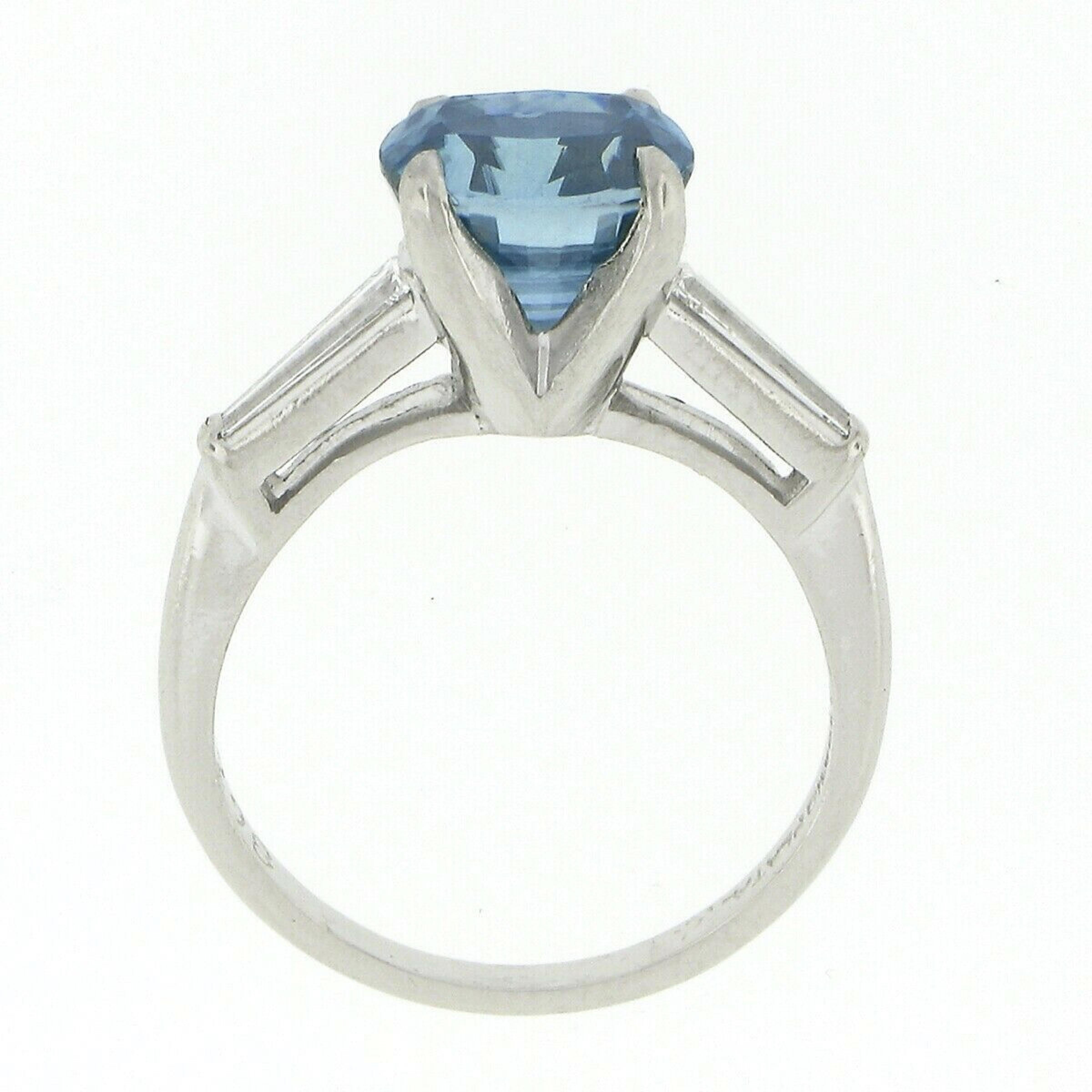 Vintage Platinum Ovaly Cushion Blue Zircon & Diamond Three Stone Engagement Ring 1