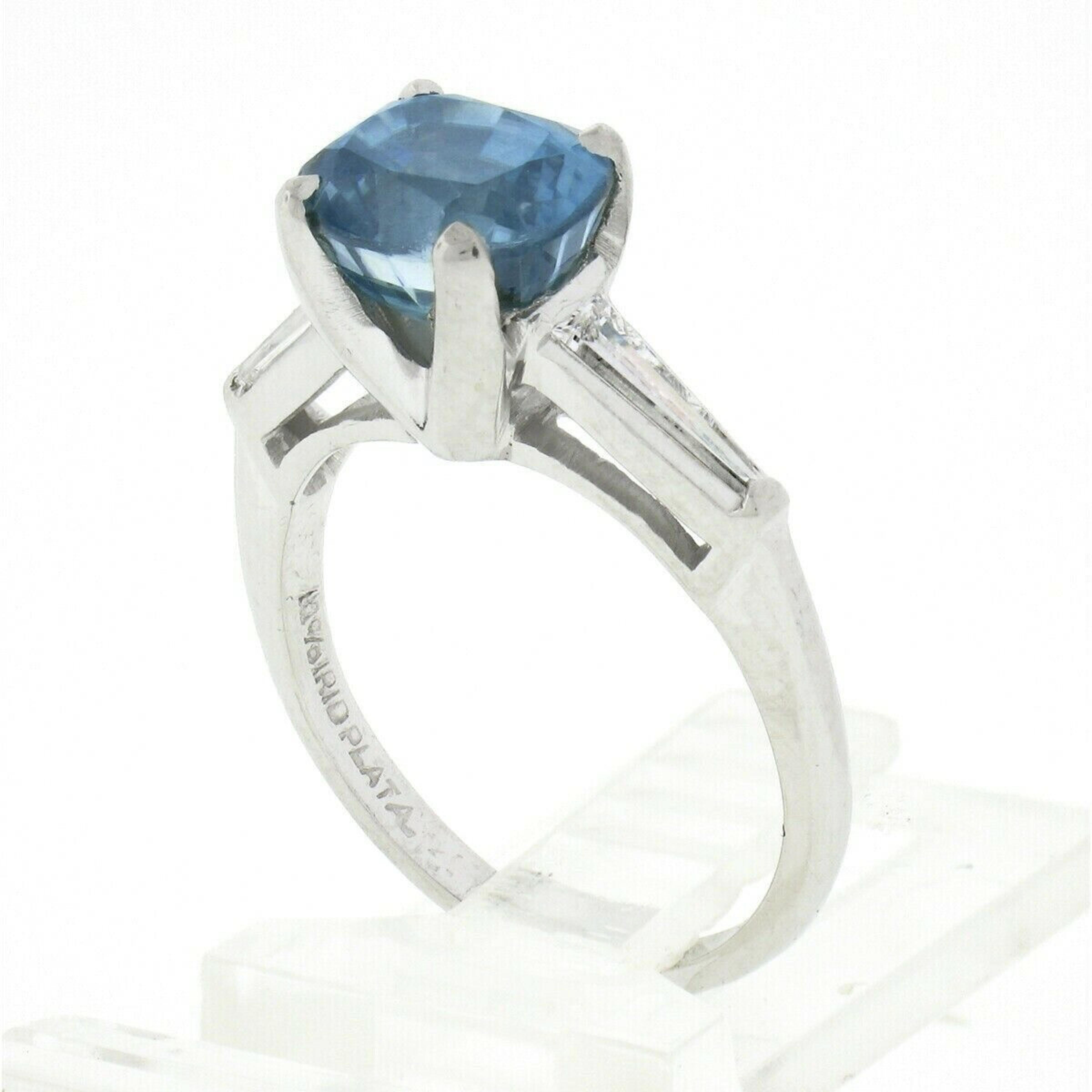 Vintage Platinum Ovaly Cushion Blue Zircon & Diamond Three Stone Engagement Ring 2