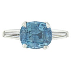 Vintage Platinum Ovaly Cushion Blue Zircon & Diamond Three Stone Engagement Ring