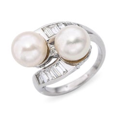 Vintage Platinum Pearl and Diamond Bypass Ring