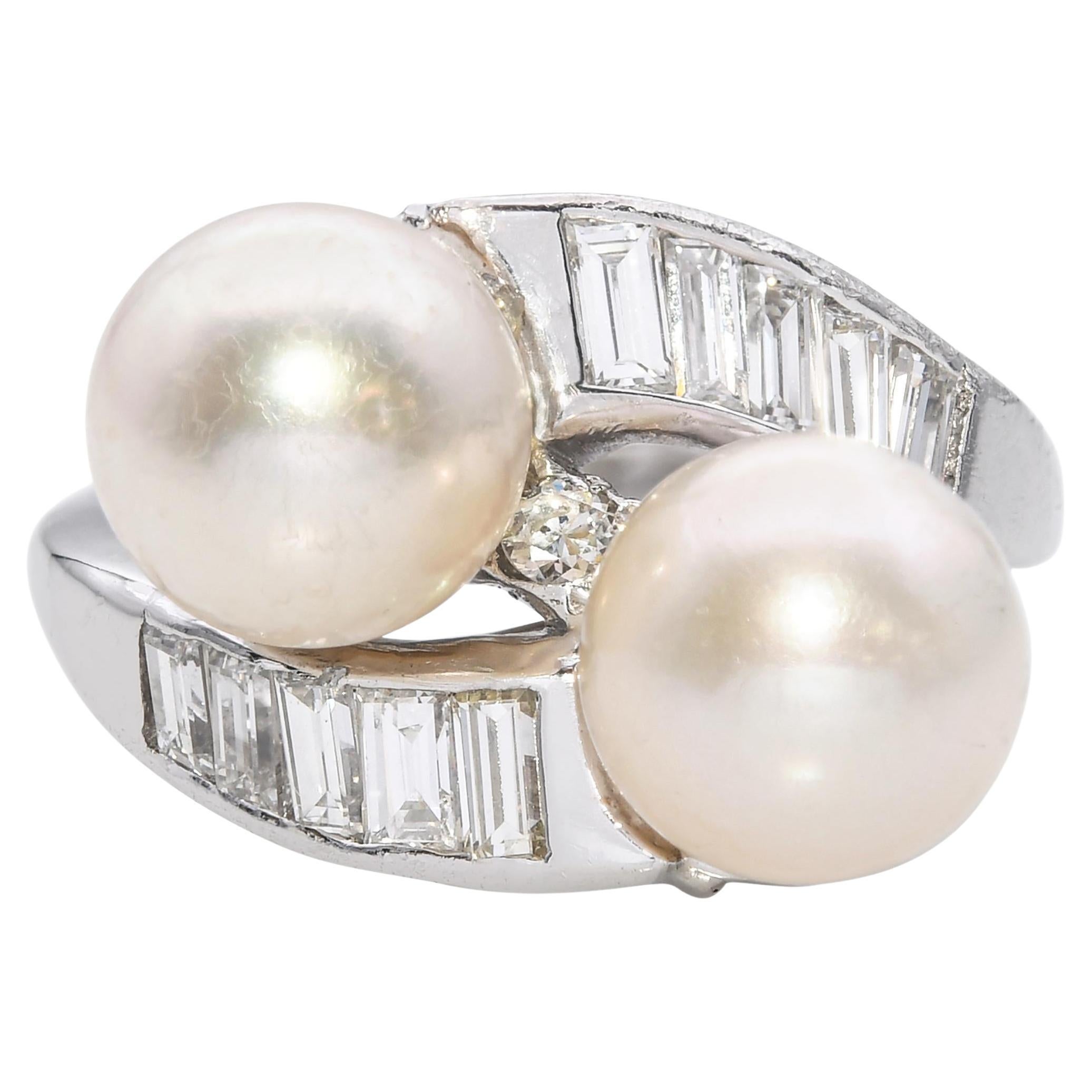 Vintage Platinum Pearl and Diamond Bypass Ring