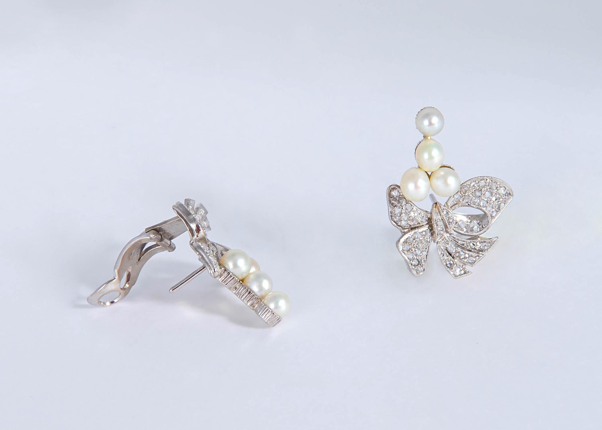 Pendientes vintage de perlas y diamantes en platino Corte rosa en venta