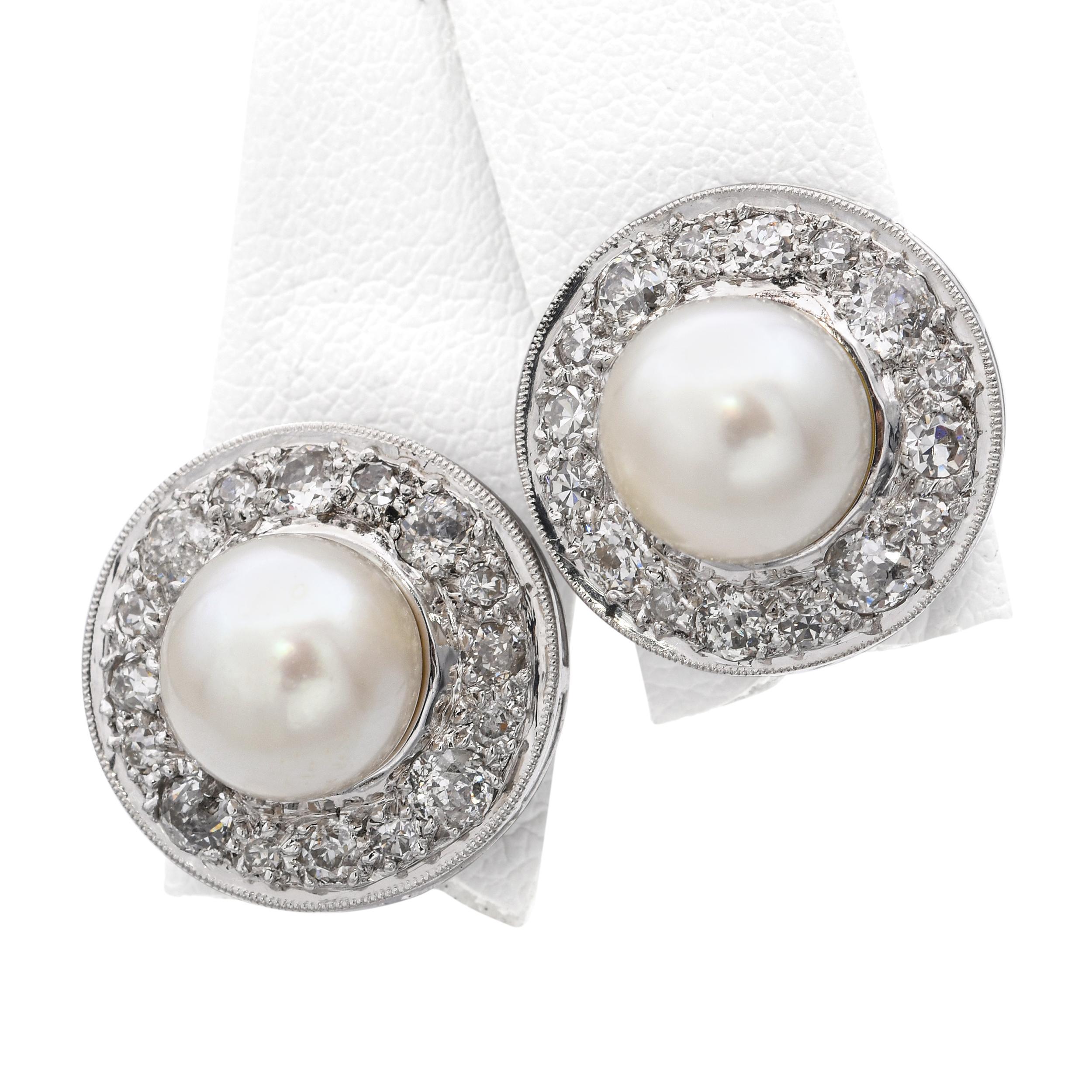 De las mujeres Pendientes vintage de perlas de platino y diamantes Euro Antiguo en venta