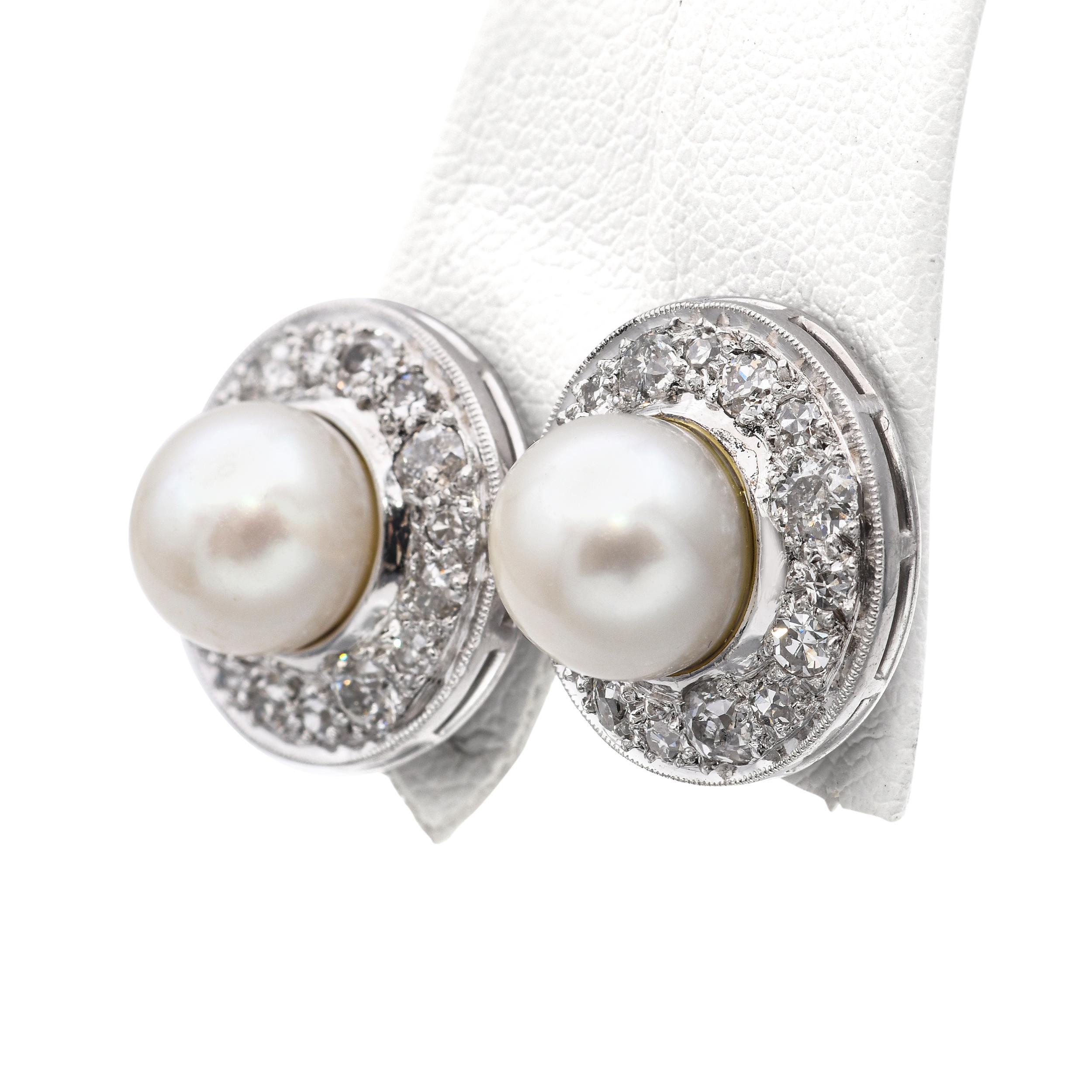 Pendientes vintage de perlas de platino y diamantes Euro Antiguo en venta 1