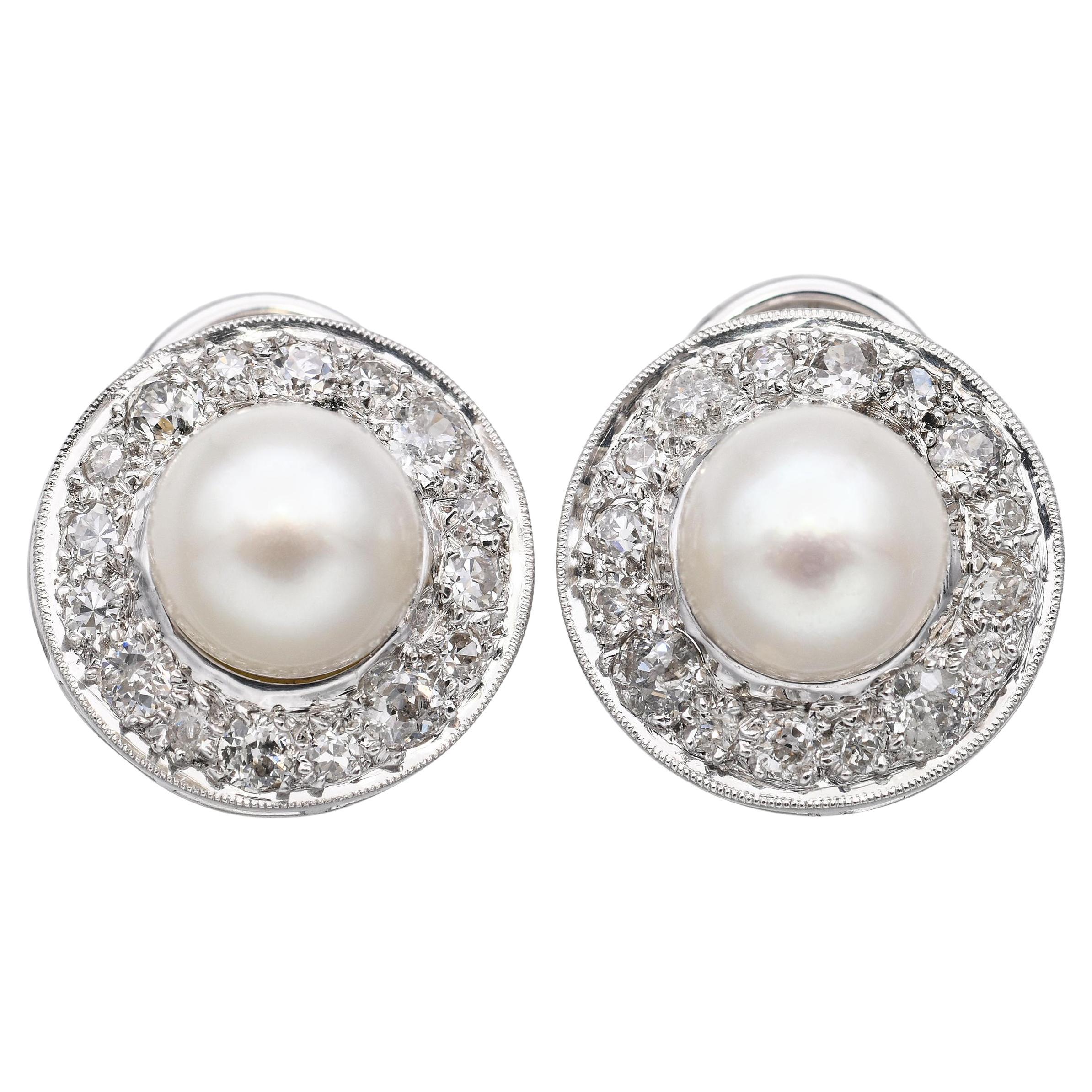 Pendientes vintage de perlas de platino y diamantes Euro Antiguo