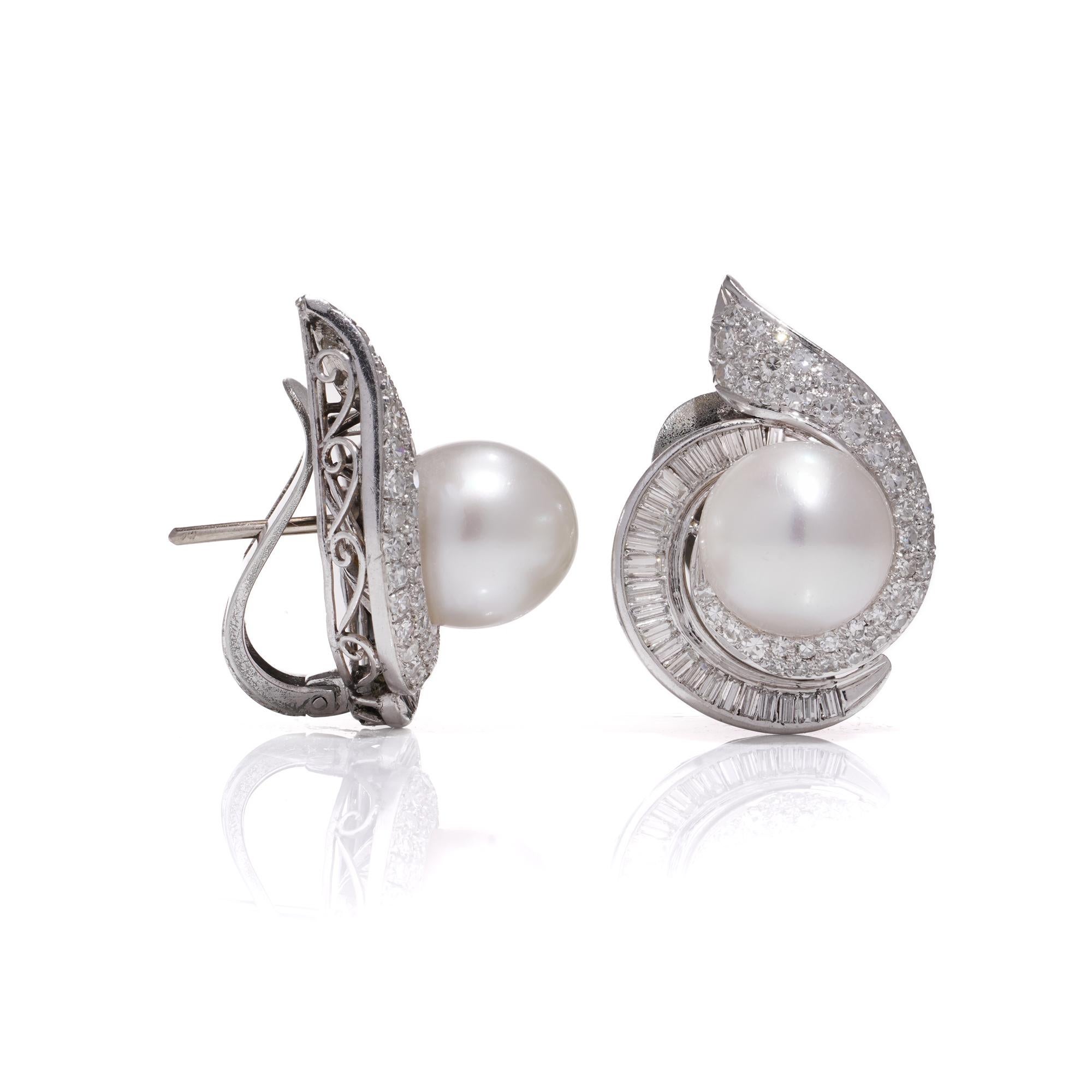 Brilliant Cut Vintage Platinum Pearl Diamond Cluster Earrings For Sale