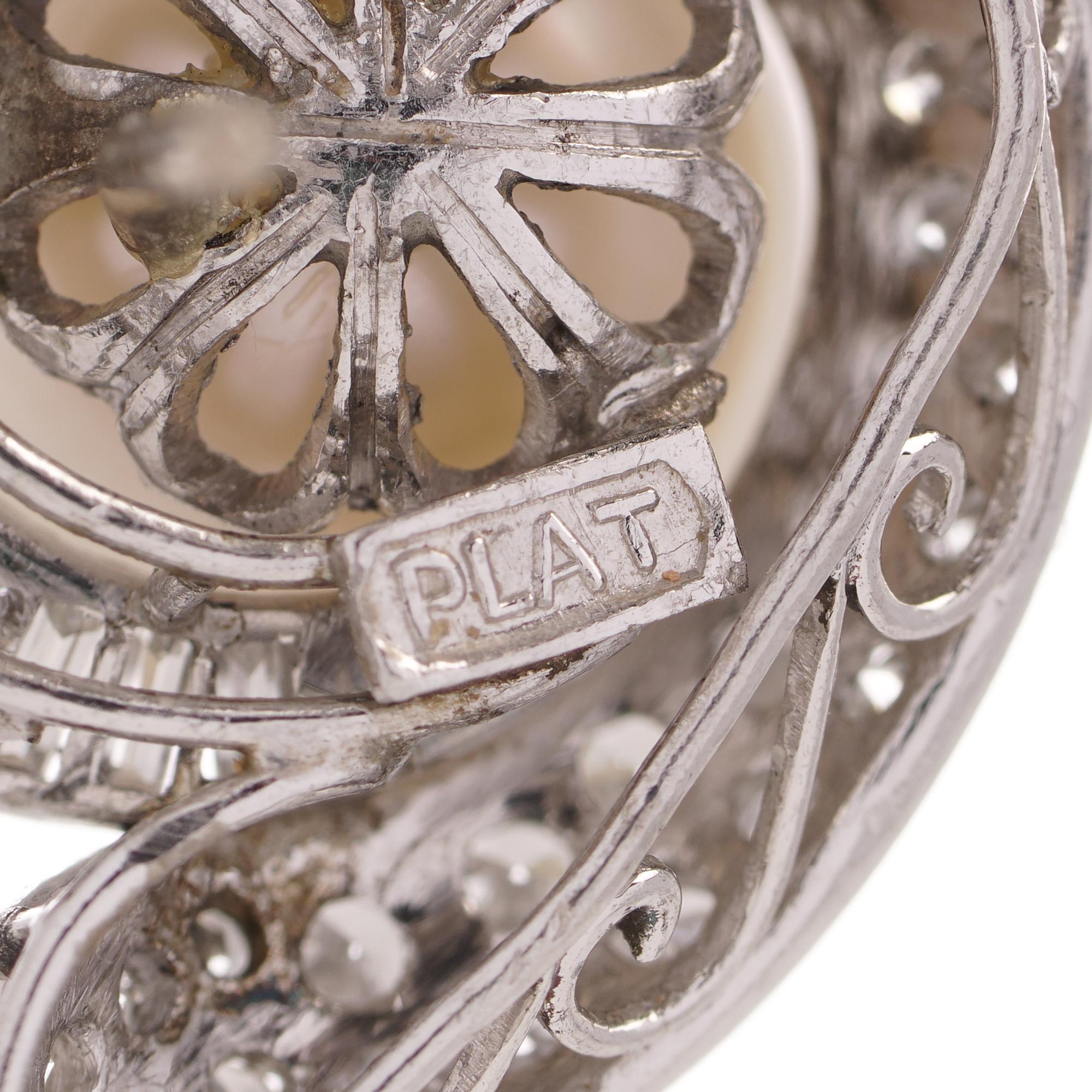 Vintage Platinum Pearl Diamond Cluster Earrings For Sale 1