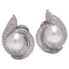 Retro Platinum Pearl Diamond Cluster Earrings