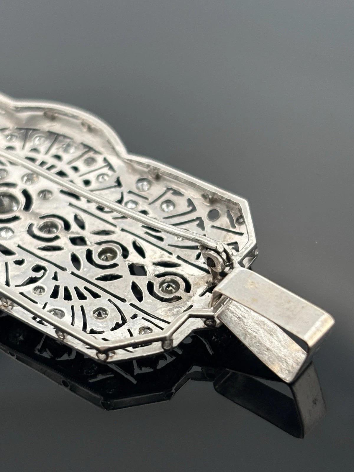 Vintage Platinum Pendant 1.60ctw 13.61g Art Deco Style Natural Diamond Brooch For Sale 1