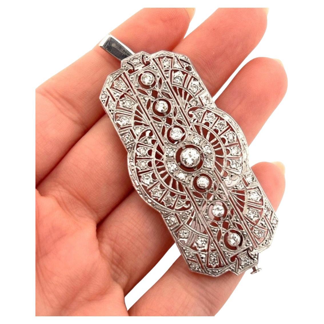Vintage Platinum Pendant 1.60ctw 13.61g Art Deco Style Natural Diamond Brooch For Sale