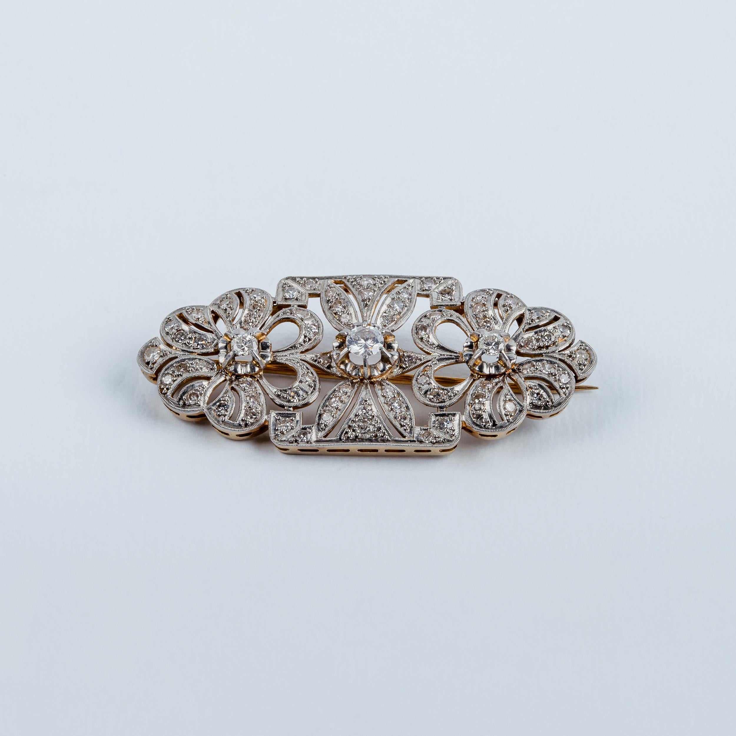Art Nouveau Vintage Platinum Pin Brooch in Rose Gold with Diamonds For Sale