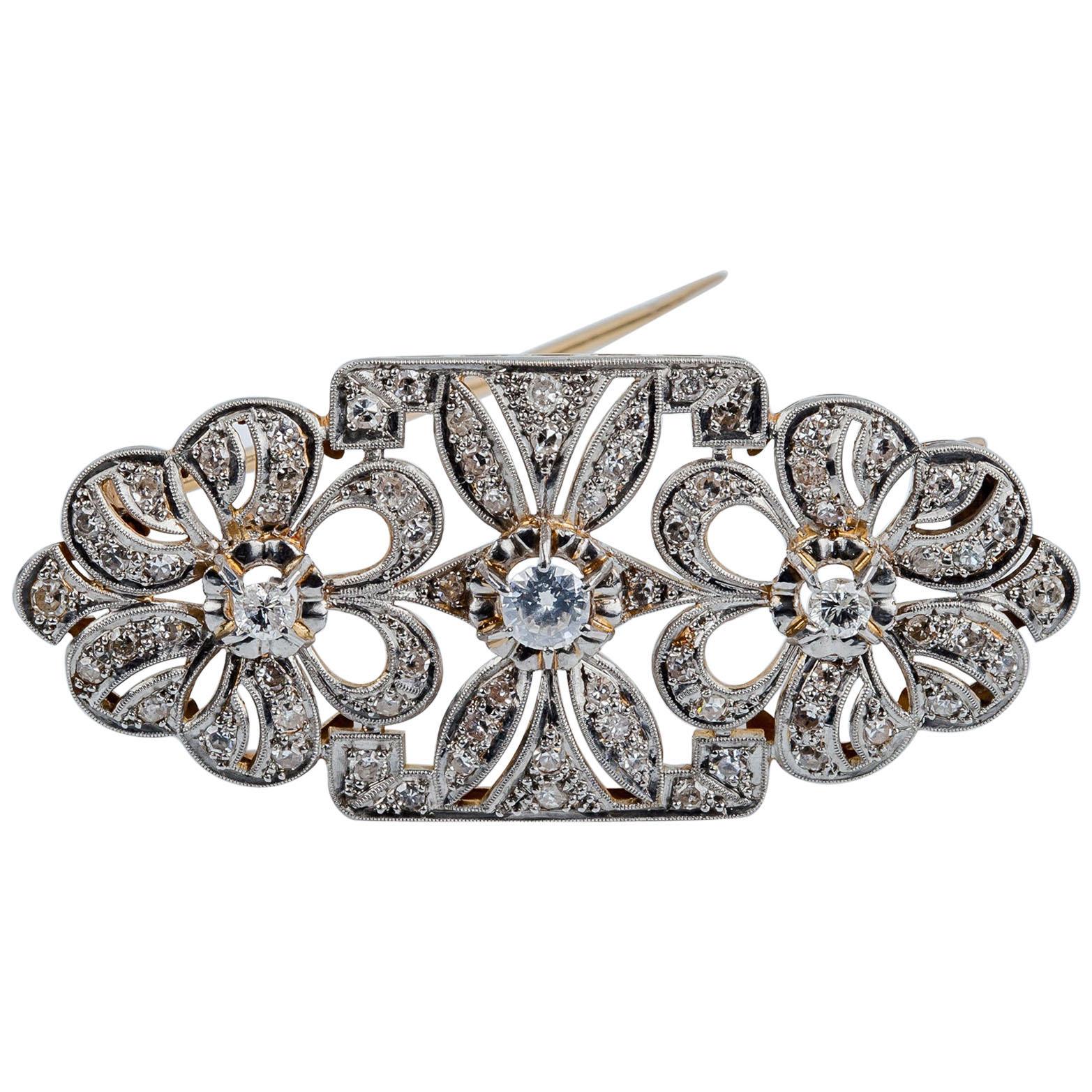 Vintage Platinum Pin Brooch in Rose Gold with Diamonds