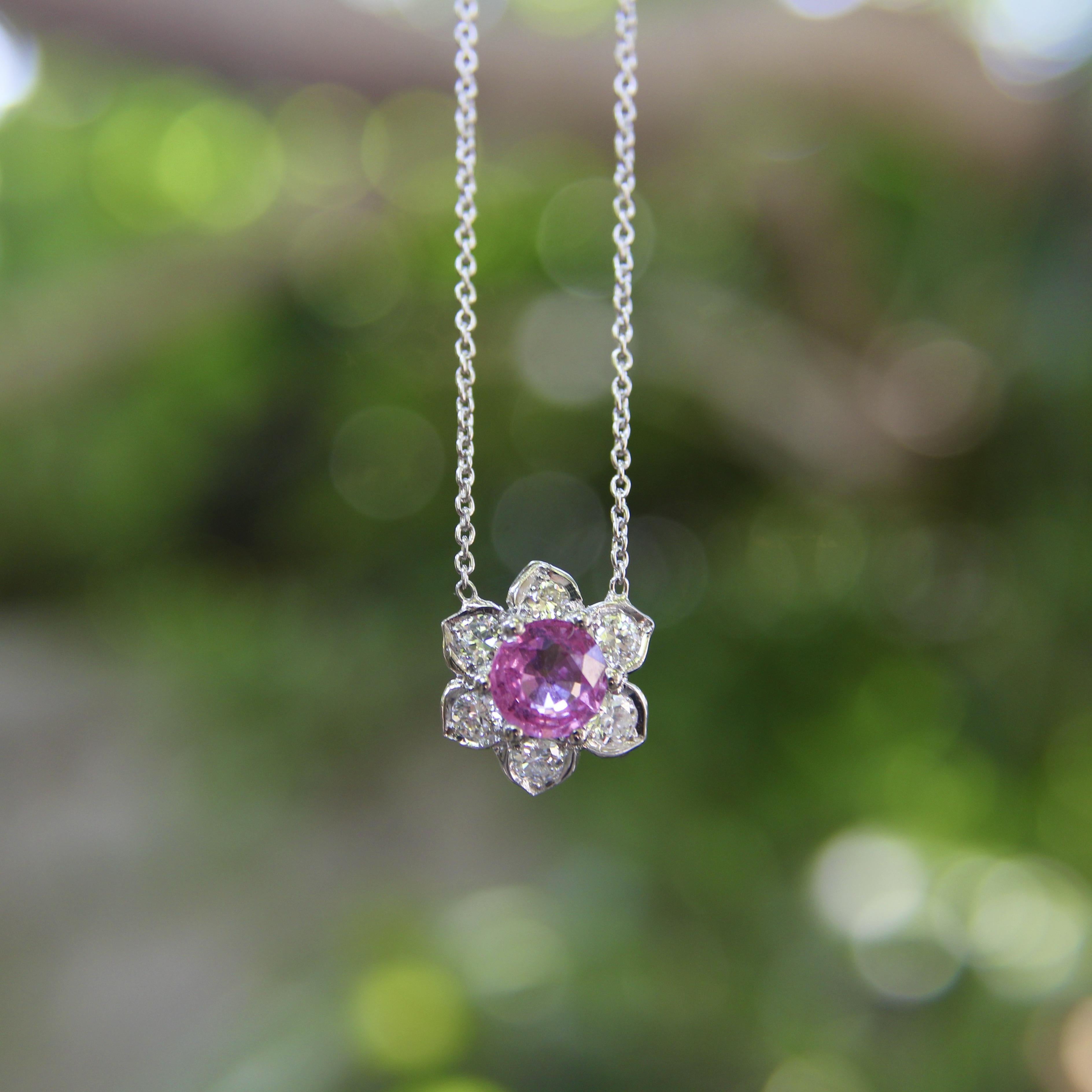 Vintage Platinum Pink Sapphire and Diamond Necklace For Sale 4