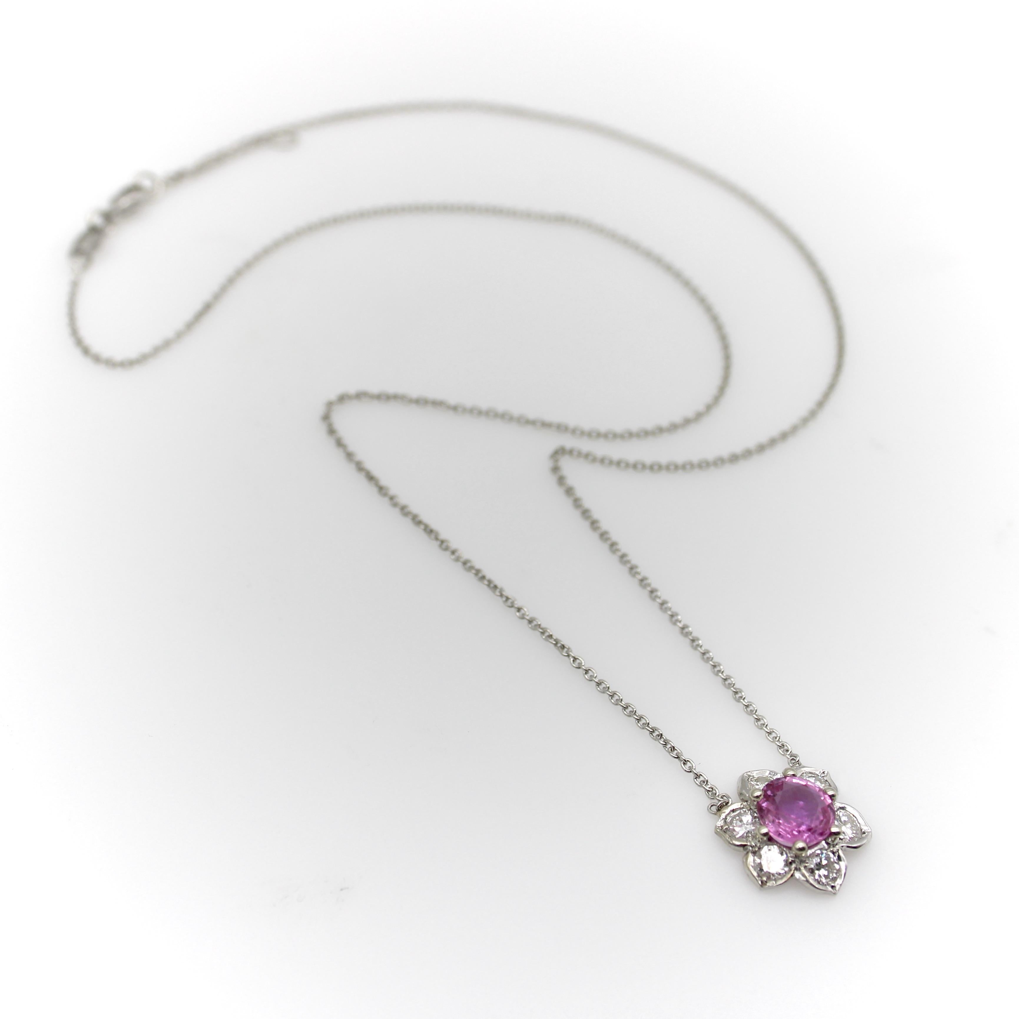 Round Cut Vintage Platinum Pink Sapphire and Diamond Necklace For Sale