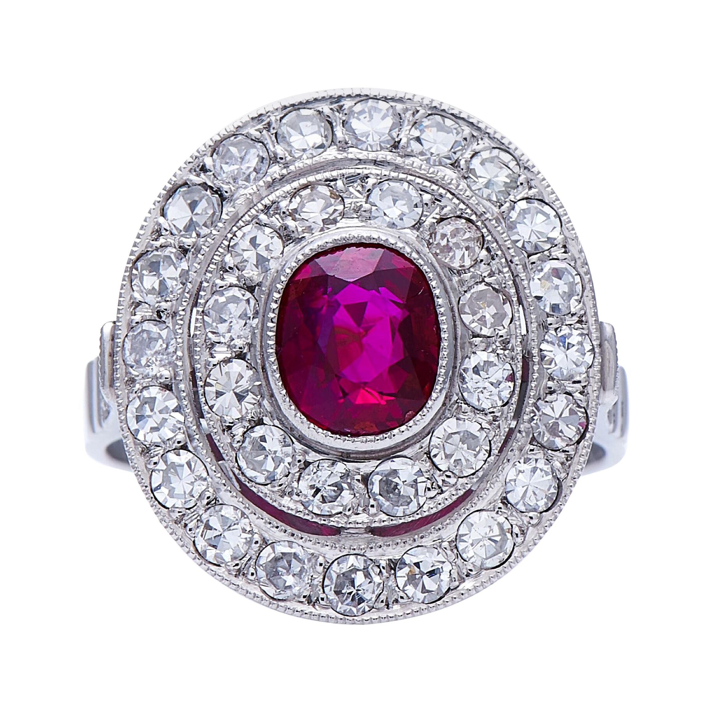 Vintage, Platinum, Rare Natural Burmese Ruby and Diamond Cluster Ring For Sale