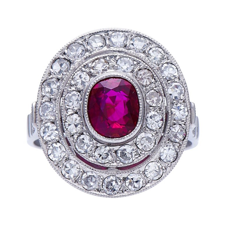 Vintage, Platinum, Rare Natural Burmese Ruby and Diamond Cluster Ring ...