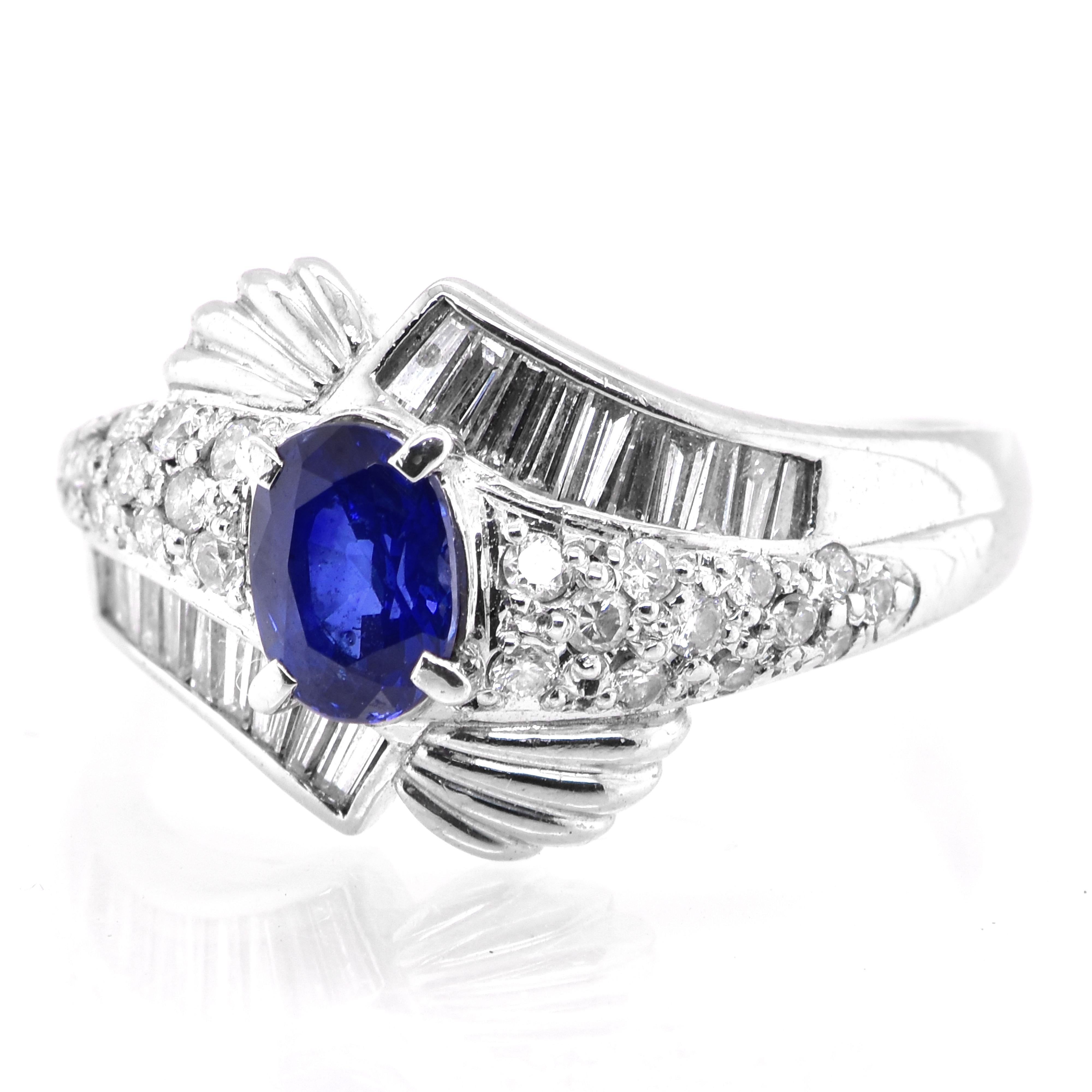 A beautiful ring featuring 1.05 Carat Natural Blue Sapphire and 0.55 Carats Diamond Accents set in Platinum. Sapphires have extraordinary durability - they excel in hardness as well as toughness and durability making them very popular in jewelry.