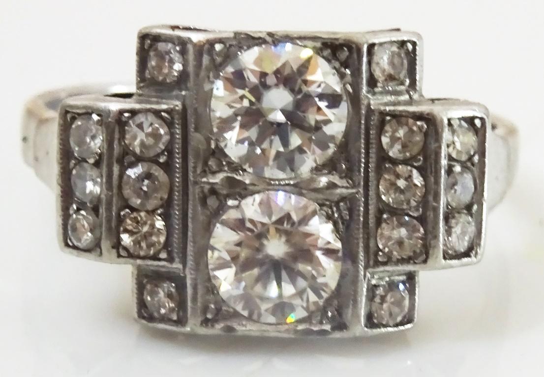 Art Deco Vintage Platinum Ring set with Real and Lab created Diamonds For Sale