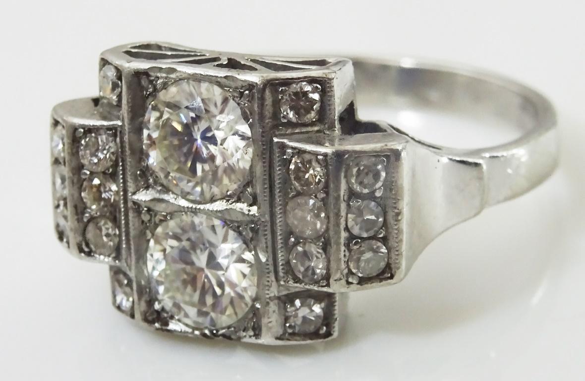 Vintage Platinum Ring set with Real and Lab created Diamonds For Sale 2