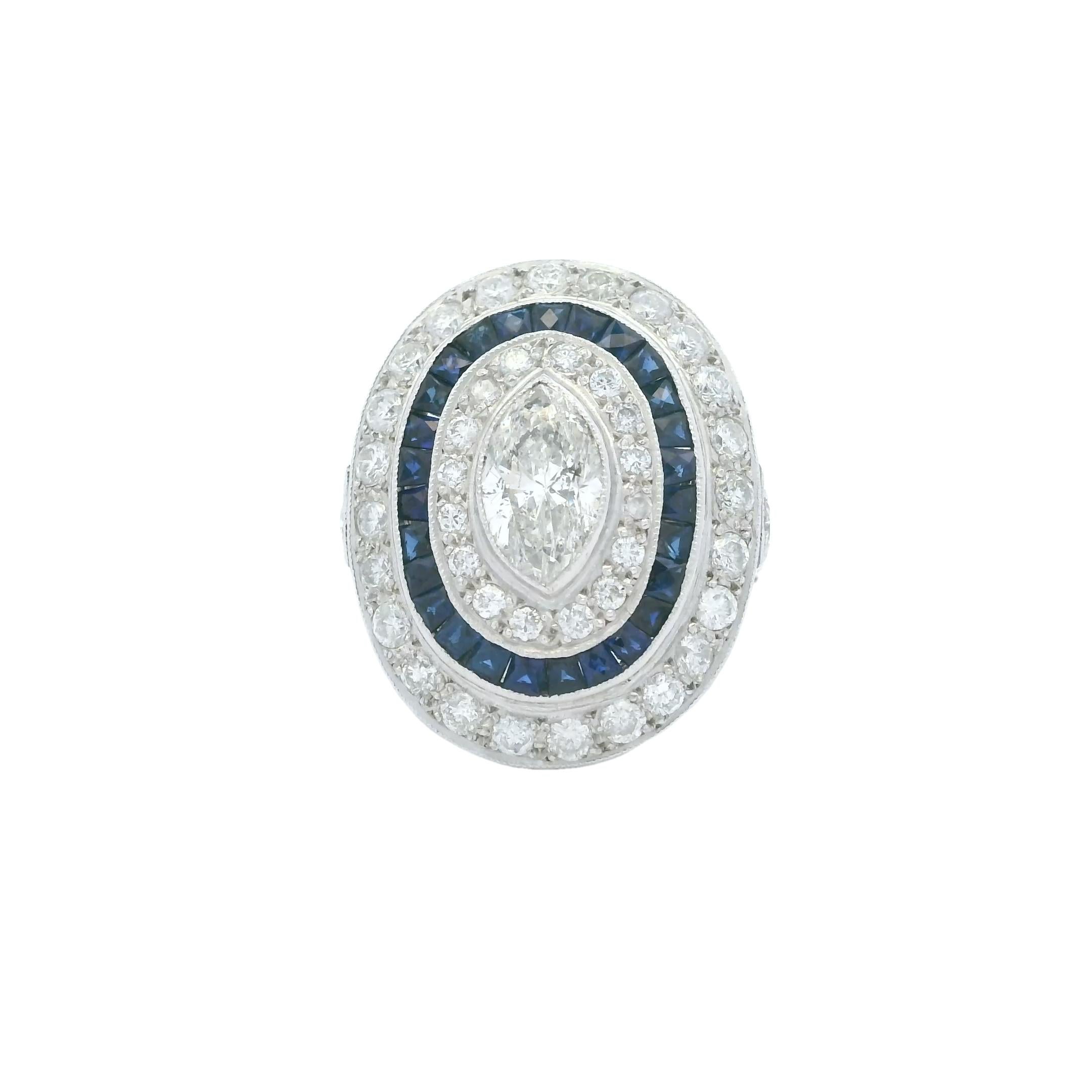 Art Deco Vintage Platinum Ring with Marquise Diamond & Sapphire Halo, circa 1920s For Sale
