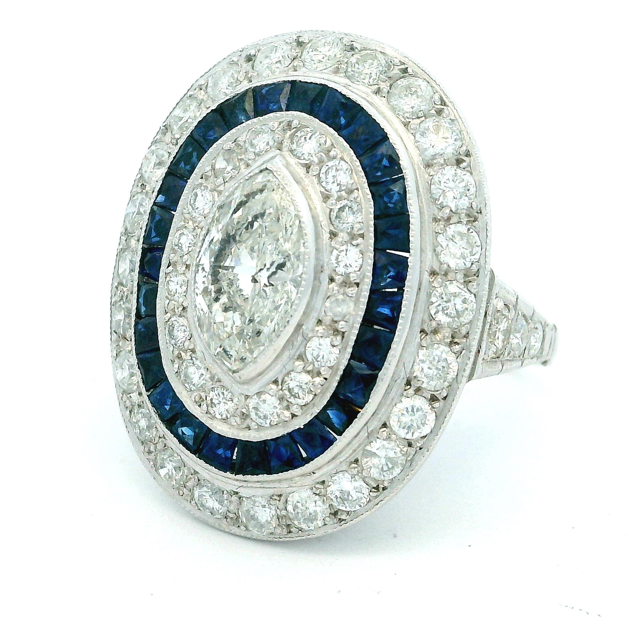 Marquise Cut Art Deco  Platinum Ring with Marquise Diamond & Sapphire Halo, circa 1920s For Sale