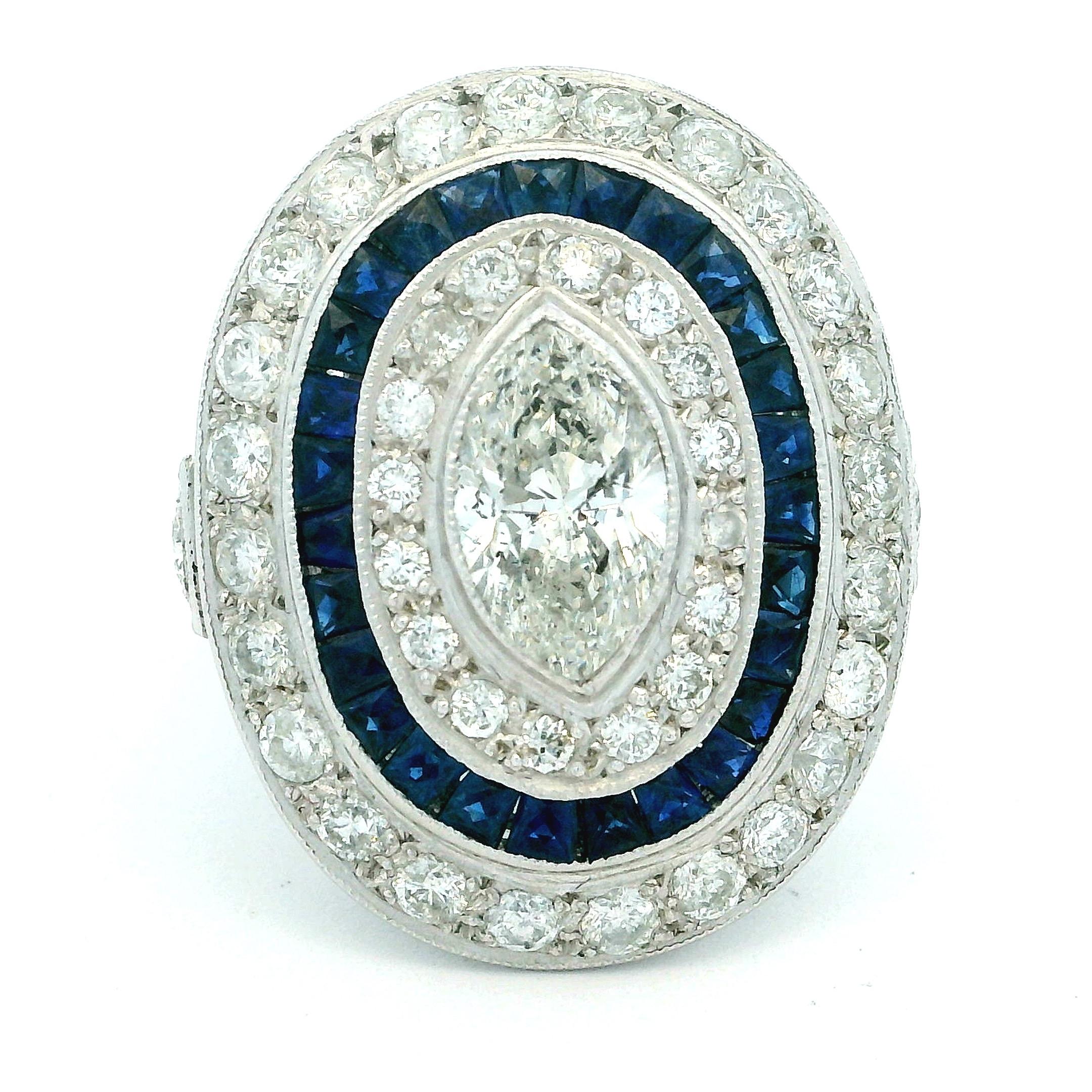 Art Deco  Platinum Ring with Marquise Diamond & Sapphire Halo, circa 1920s In Excellent Condition For Sale In Miami, FL