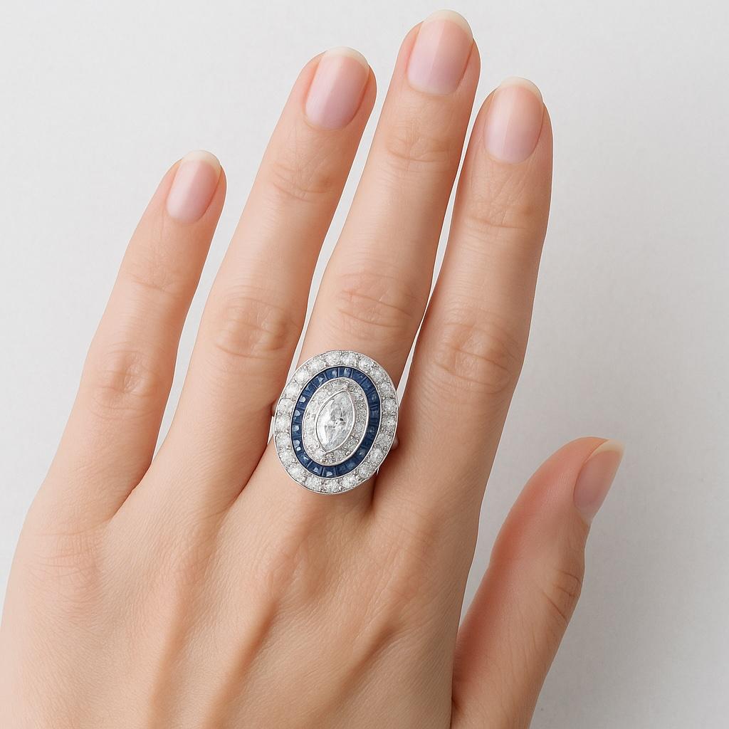 Women's or Men's Vintage Platinum Ring with Marquise Diamond & Sapphire Halo, circa 1920s For Sale