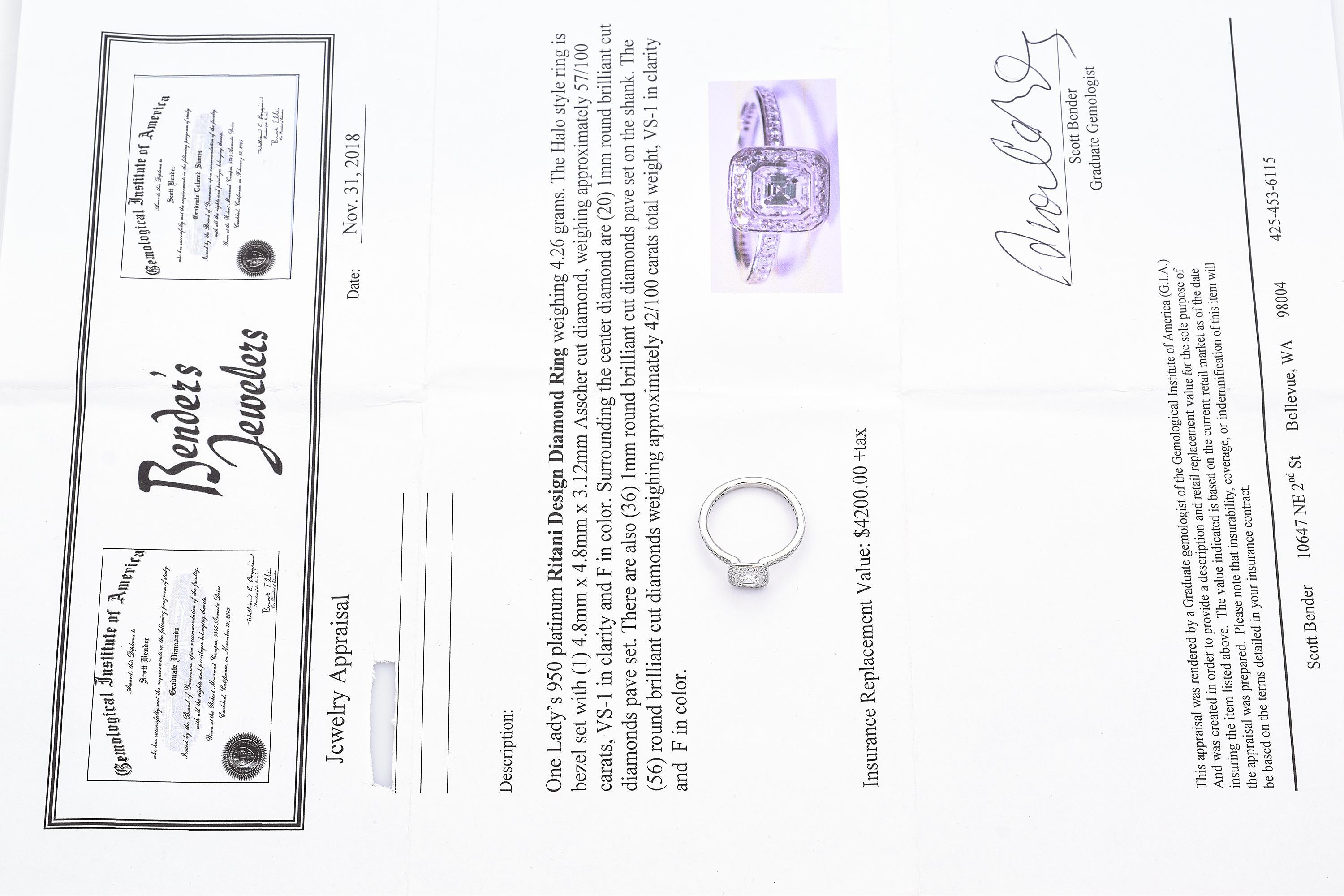 Anello vintage in platino Ritani Design 1.00tcw con diamante In condizioni buone in vendita a New York, NY