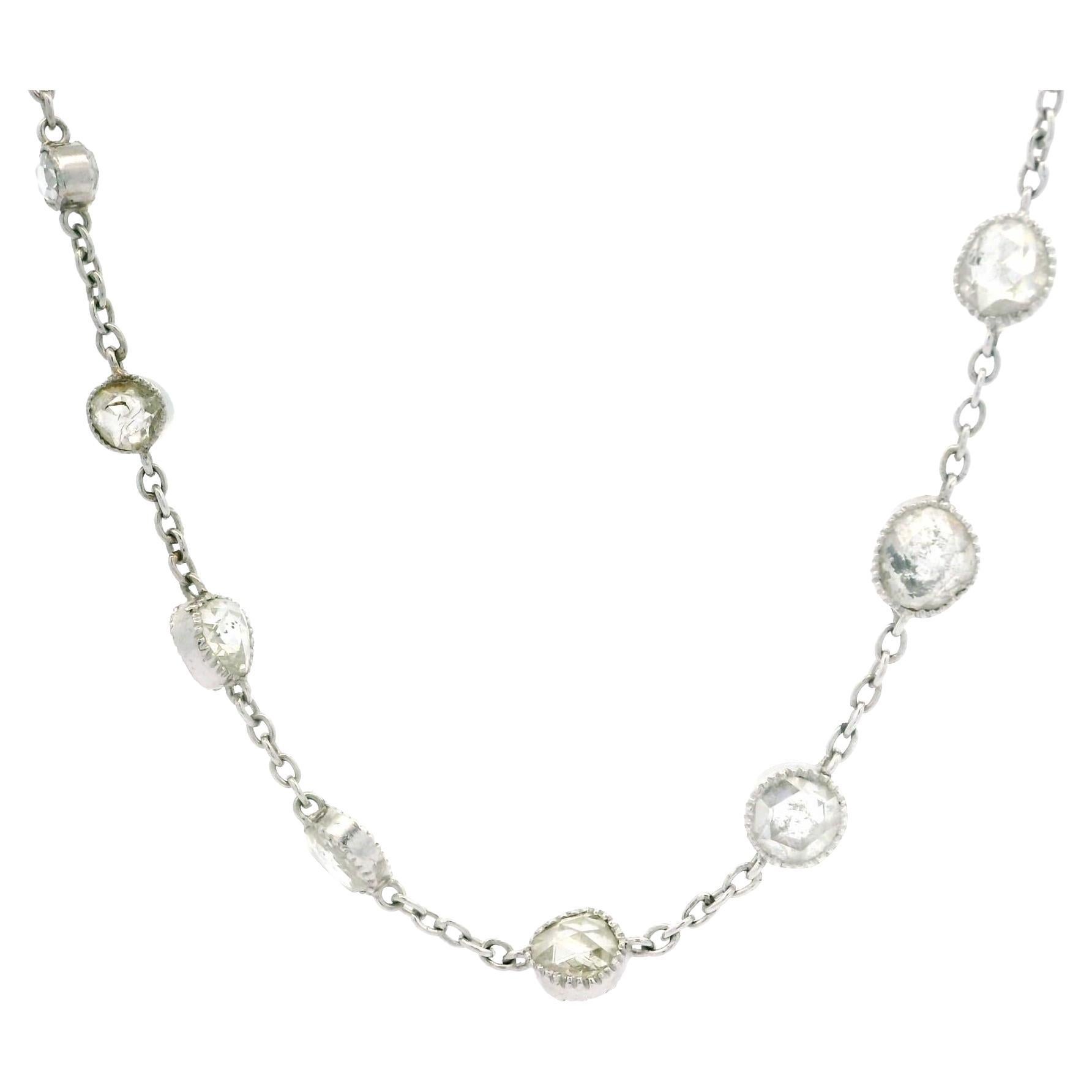 Vintage Platinum Rose Cut Diamond Graduated Dual Sided Station 16" Necklace For Sale