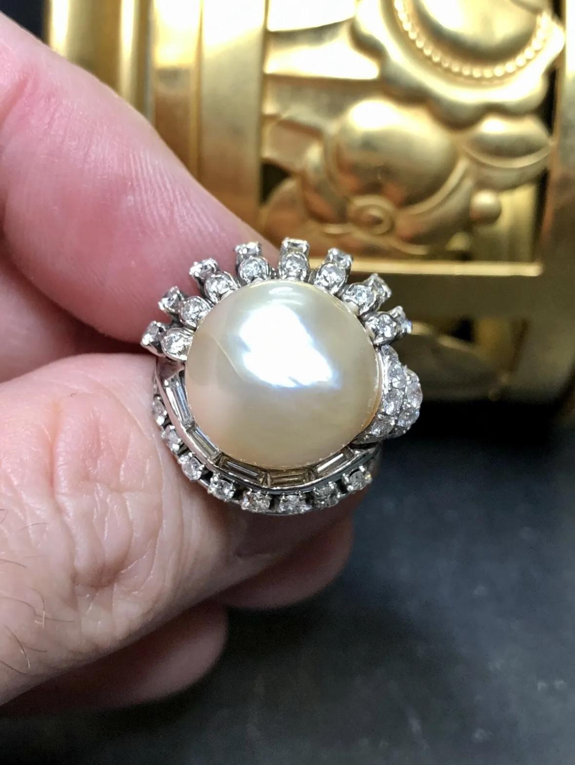 Women's or Men's Vintage Platinum Round Baguette Diamond Boroque Pearl Retro Cocktail Ring 5.25 For Sale