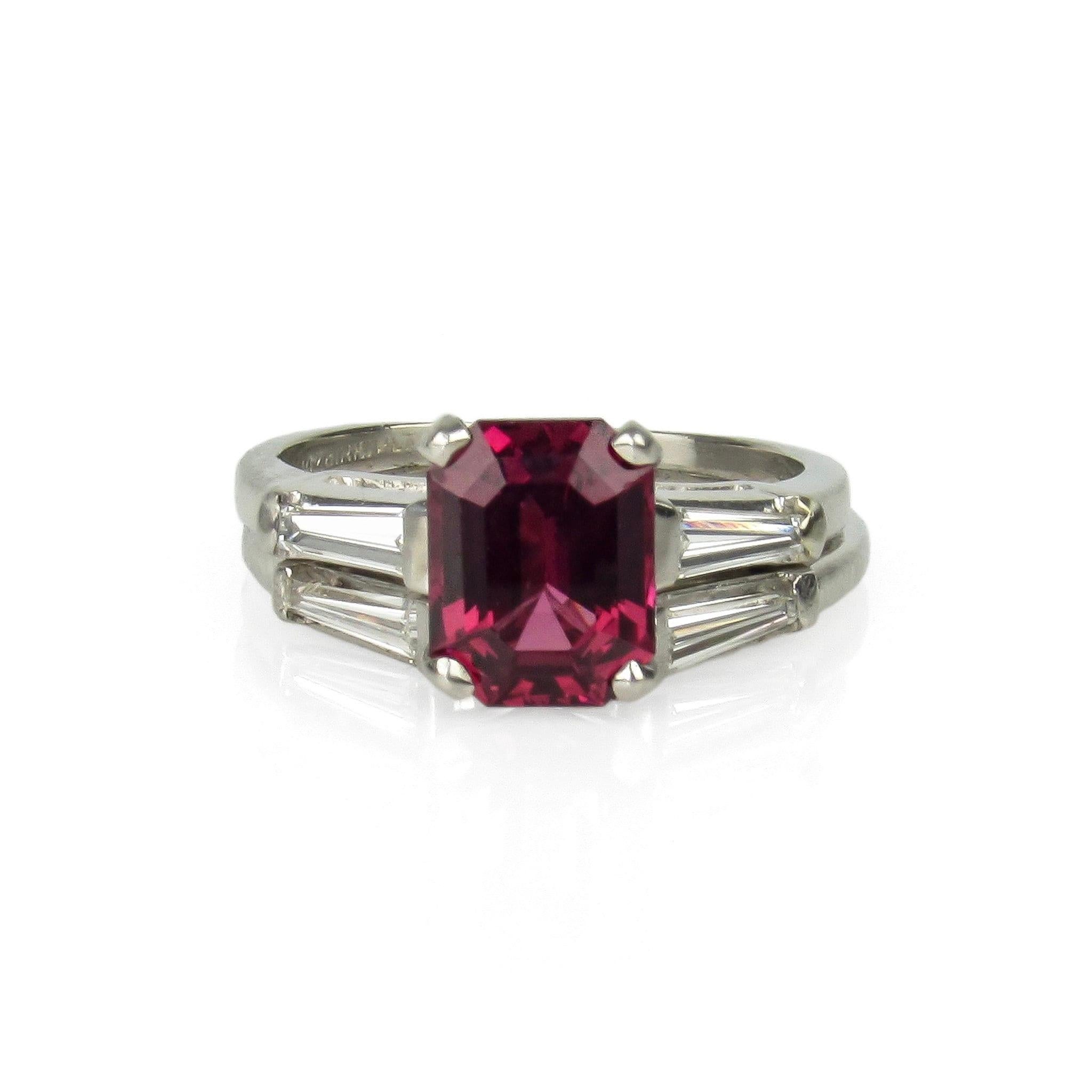 Platinum Brilliant Pink/Red Rubellite Tourmaline & Diamond Ring Set

Size: 5.5

Tourmaline: excellent color and clarity, approximately 2.20 ct. (8.69 x 6.79 x 4.81 mm)

Diamonds: four tapered baguettes, .12 ct each, VS1 - VS2 range in clarity, H-I