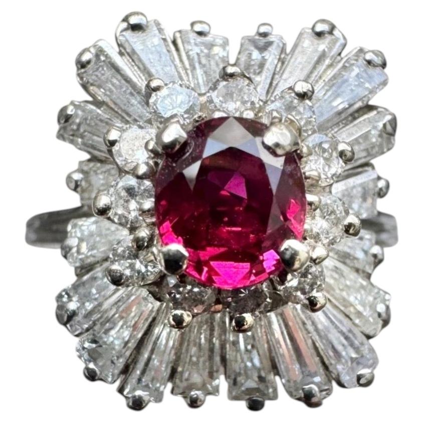 Vintage Platinum Ruby and Diamond Starburst Cluster Ring For Sale