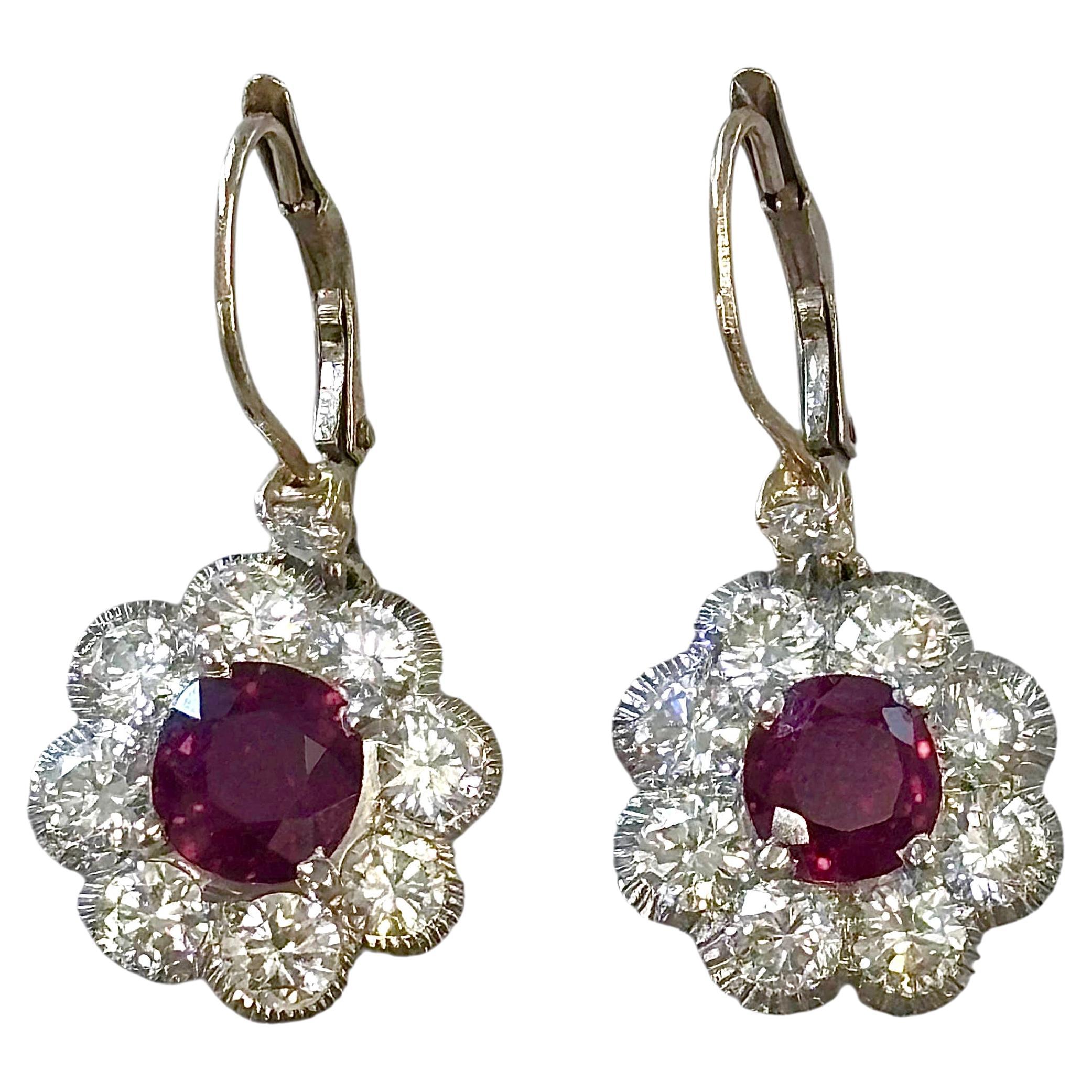 Vintage Platinum Ruby 
Diamond Cluster Drop Earrings For Sale