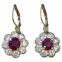 Vintage Platinum Ruby 
Diamond Cluster Drop Earrings