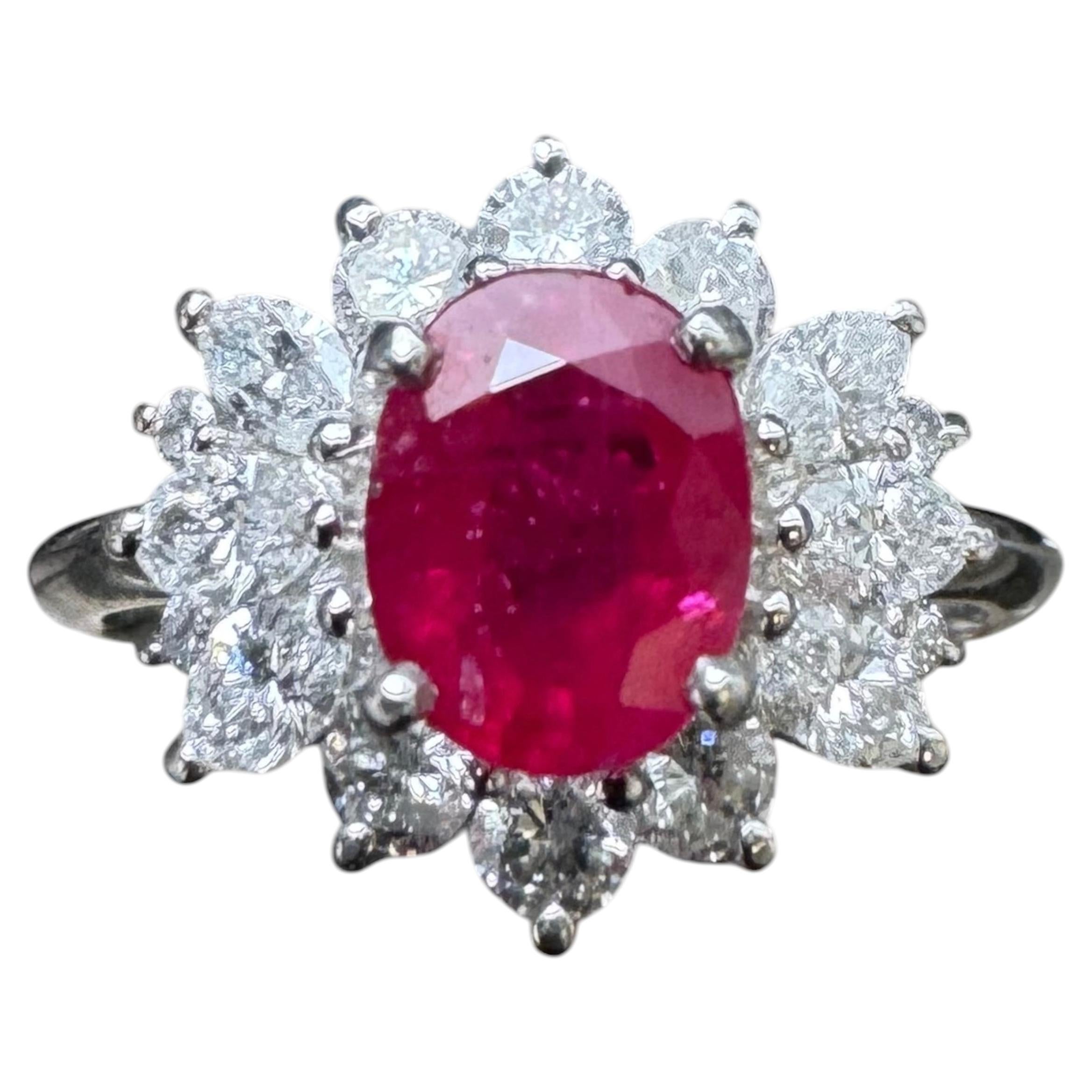 Vintage Platinum Ruby Diamond Cluster Ring 1.60ct Oval Ruby