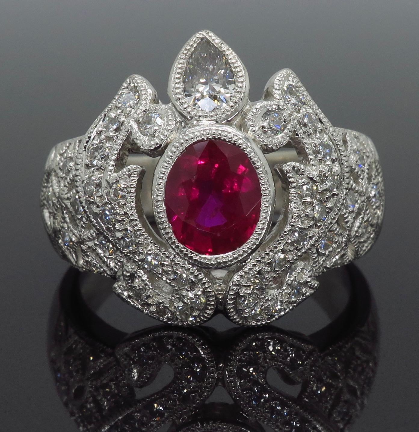 Oval Cut Vintage Platinum Ruby and Diamond Ring