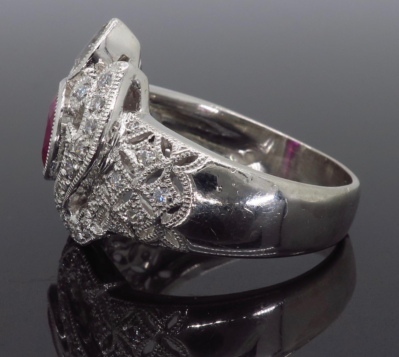 Women's or Men's Vintage Platinum Ruby and Diamond Ring