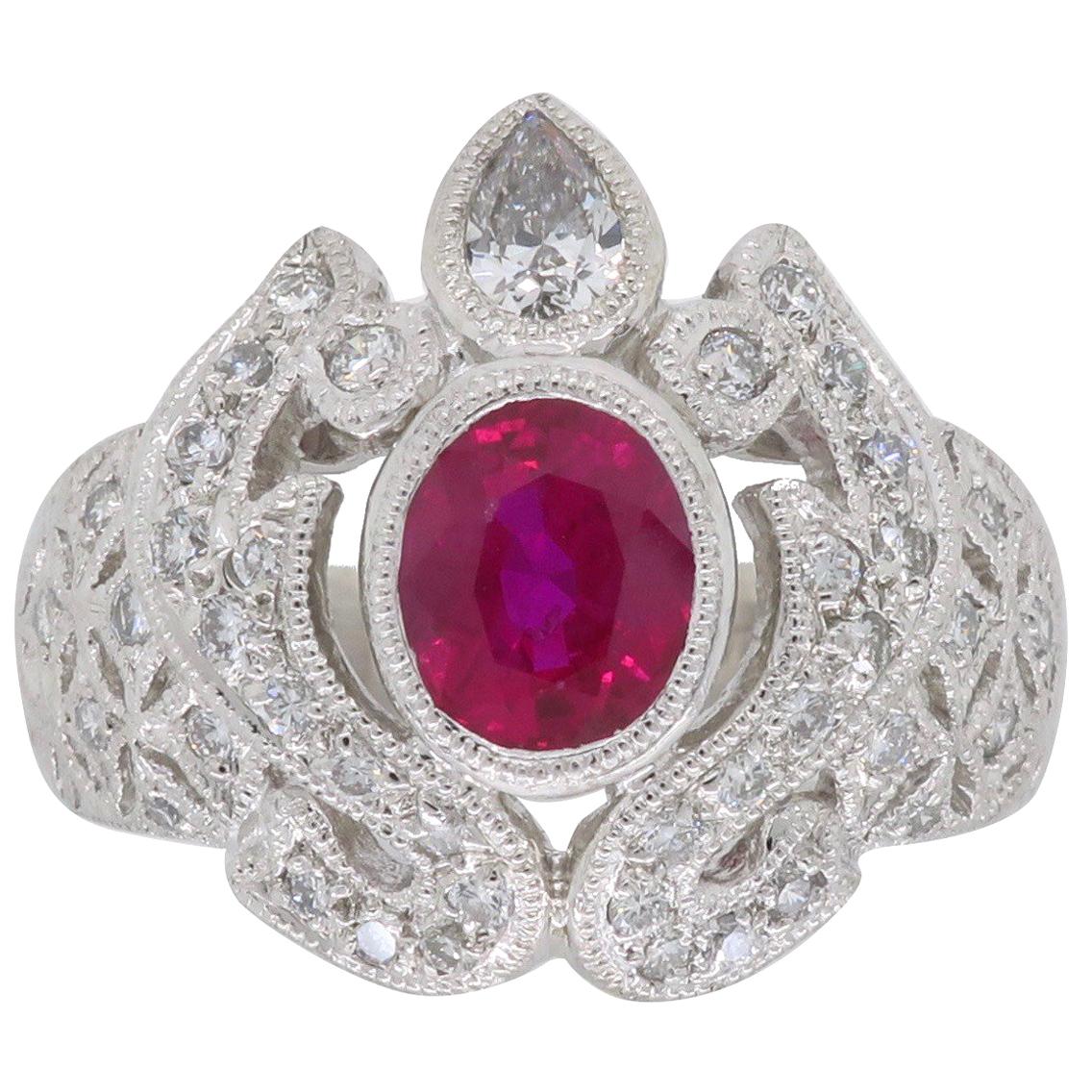 Vintage Platinum Ruby and Diamond Ring