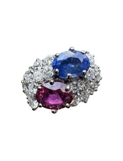 Vintage Platinum Ruby Sapphire & Diamond Cluster Ring