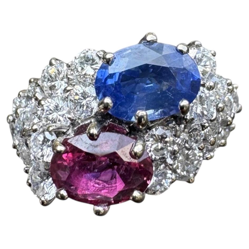 Vintage Platinum Ruby Sapphire & Diamond Cluster Ring