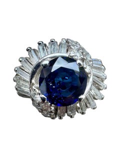 Vintage Platinum Sapphire and Diamond Ring with Baguette Halo