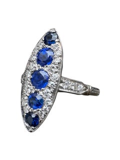 Vintage Platinum Navette Ring with 1.47ct Blue Sapphires & Diamonds