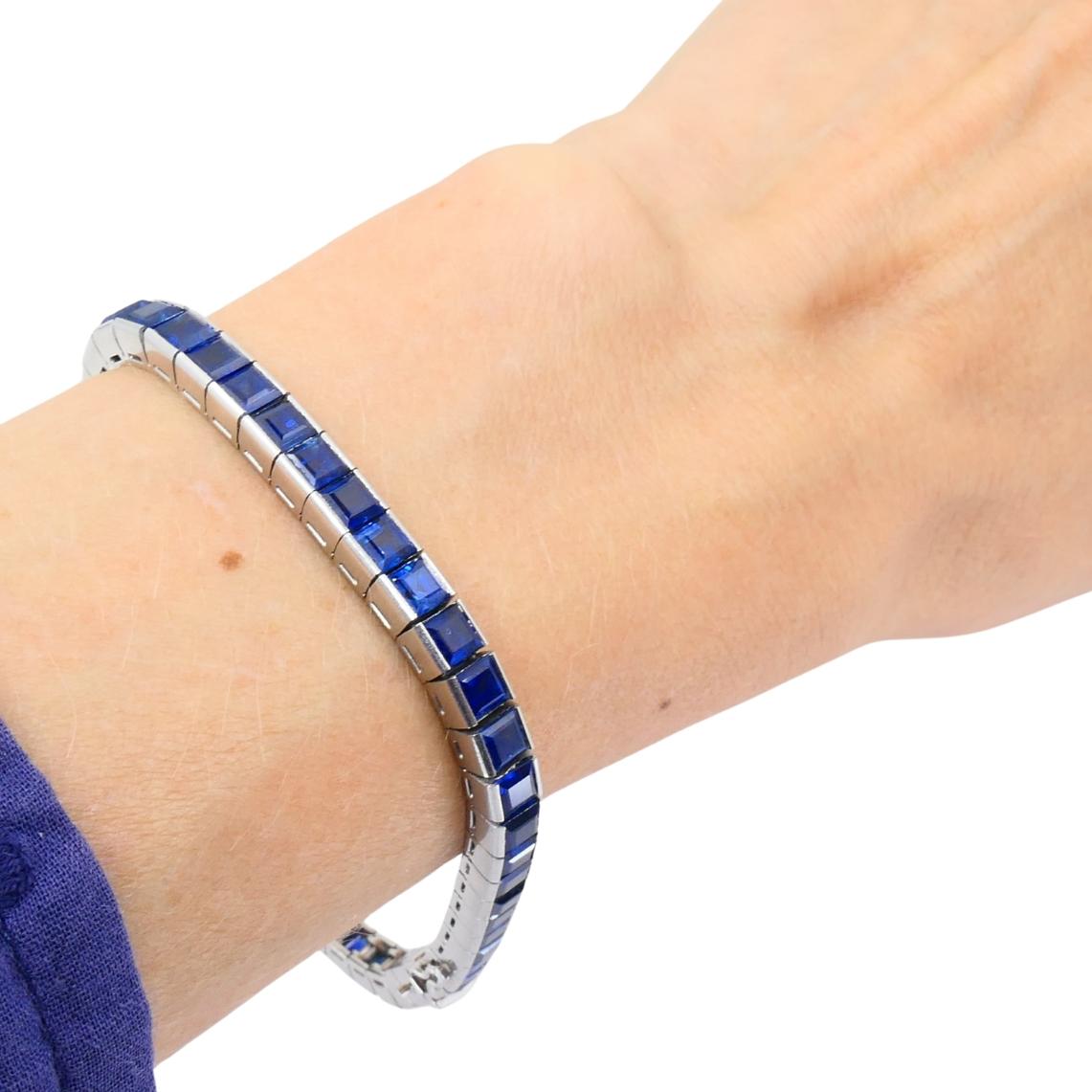 Pulsera de tenis vintage de platino y zafiro Joyas Art Déco en venta 3