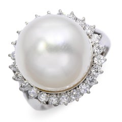 Vintage Platinum South Sea Pearl and Diamond Halo Ring