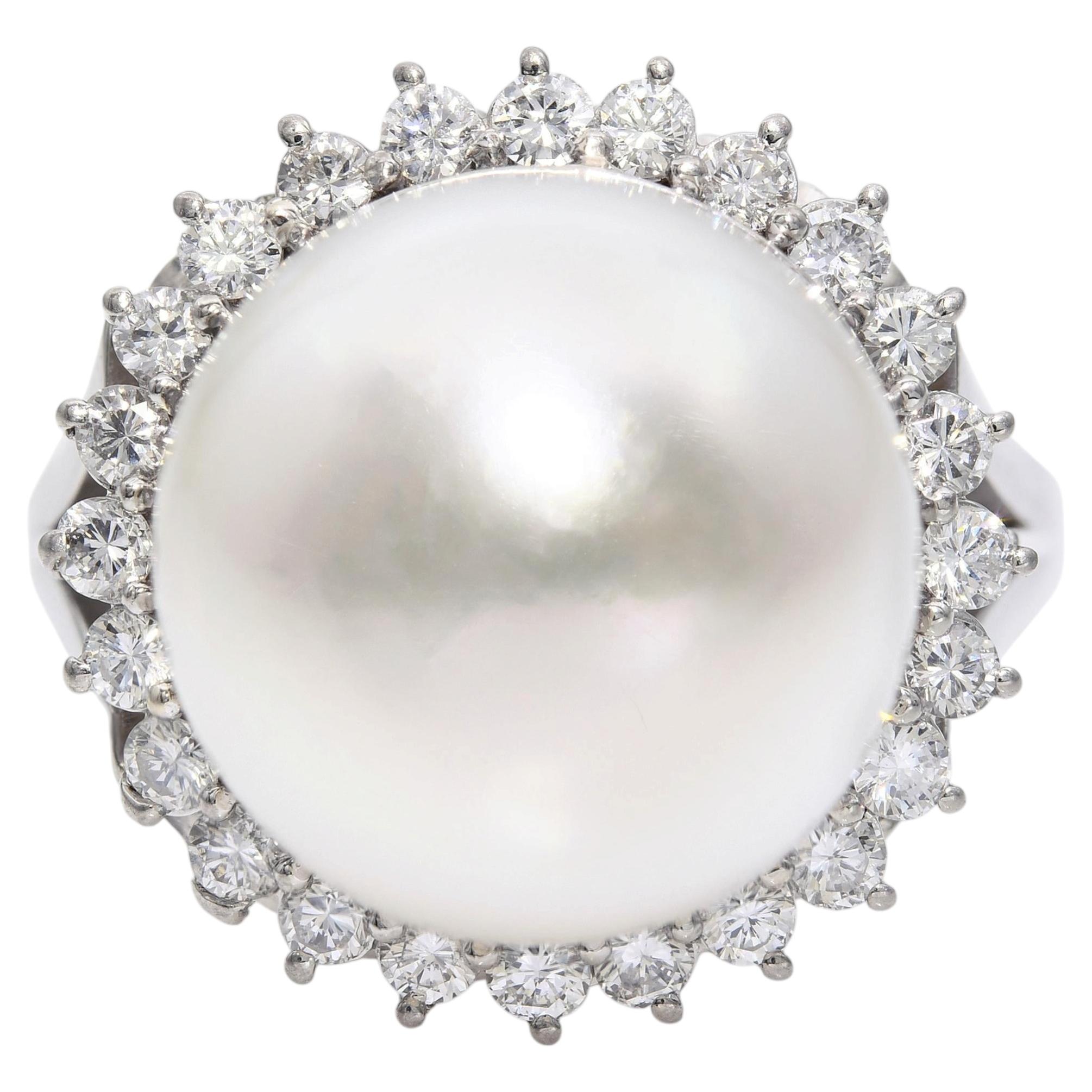 Vintage Platinum South Sea Pearl and Diamond Halo Ring
