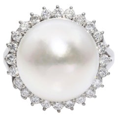 Vintage Platinum South Sea Pearl and Diamond Halo Ring